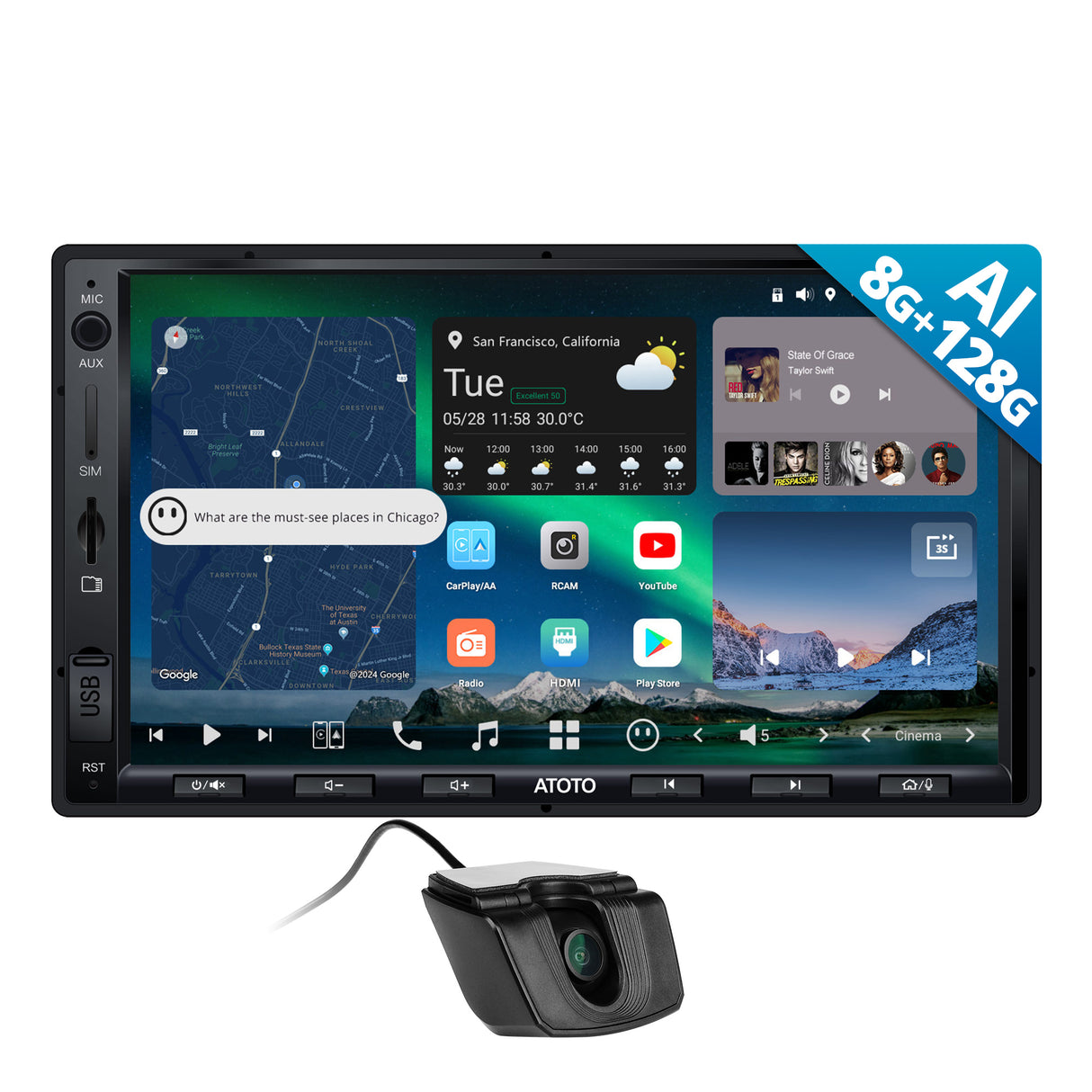 ATOTO Double DIN Car Stereo with Front Camera, 7" Car Audio QLED Touchscreen CarPlay & Android Auto, 4G LTE & WiFi, GPS, 8GB + 128GB TF Card, Dual Bluetooth, DSP Audio Technology