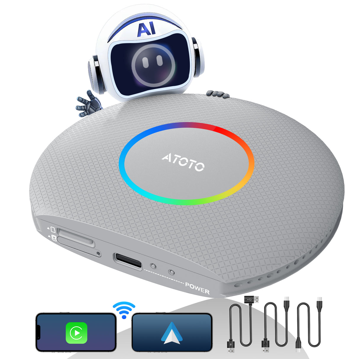 ATOTO CarPlay AI Box Upgrade Wireless CarPlay Adapter, Plug & Play Car Video Box/Android AI Box with DriveChat, GPS, Compatible with Netflix/YouTube, Android 13, 2 BT, 4G LTE, 4G+64G, Silver
