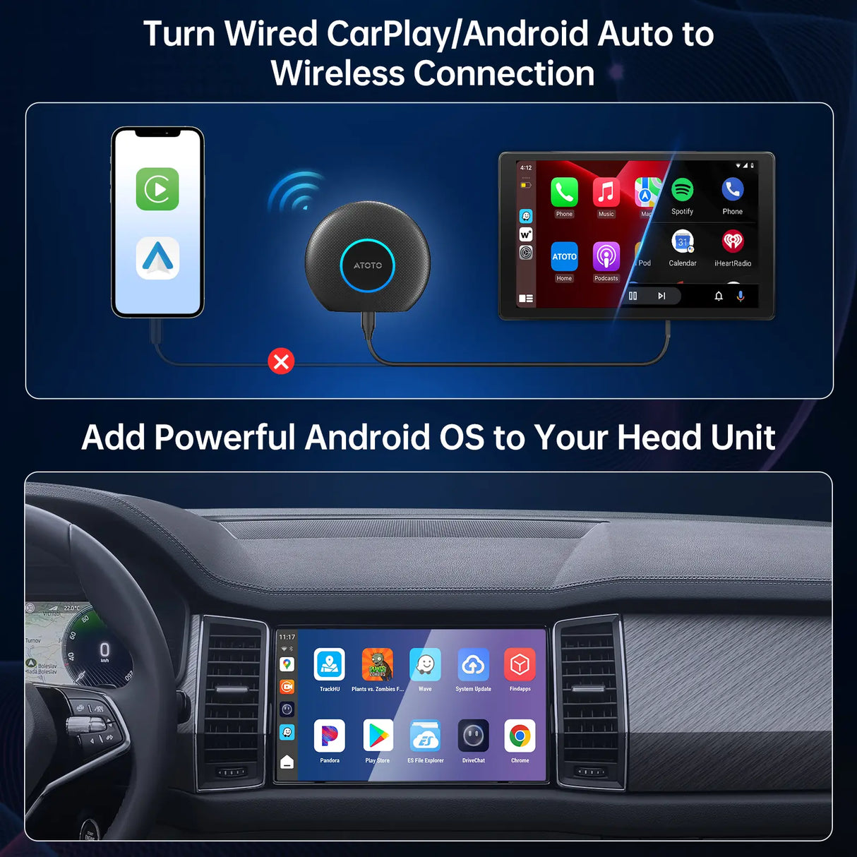 ATOTO CB6A-BK-S01 KI-Box für Wireless CarPlay mit Bluetooth-OBD2-Scanner, 2025, YouTube, Plug & Play, KI-Assistent, Dual-Bluetooth, GPS-Tracking, 4G LTE, 4 GB + 64 GB
