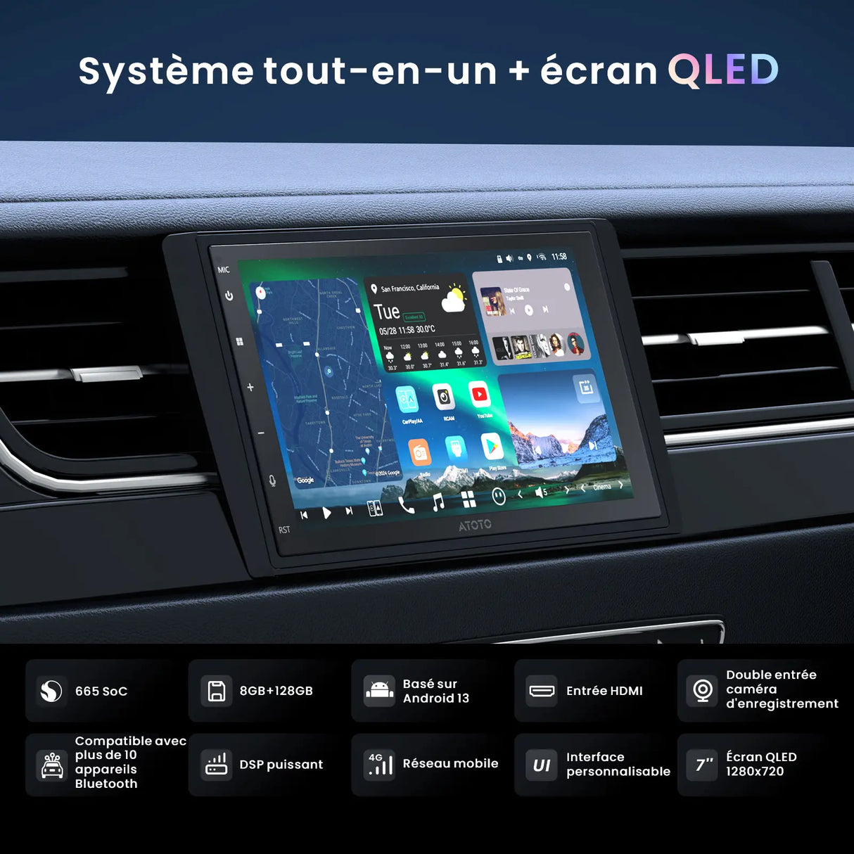 ATOTO X10G2B7E-R3 7" QLED Autoradio Android 2 Din, 8+128G, Carplay sans Fil & Android Auto, 4G LTE, Assistant Vocal IA, Suivi GPS, Microphone Double & Bluetooth,Dash Cam, LRV, Entrée HDMI