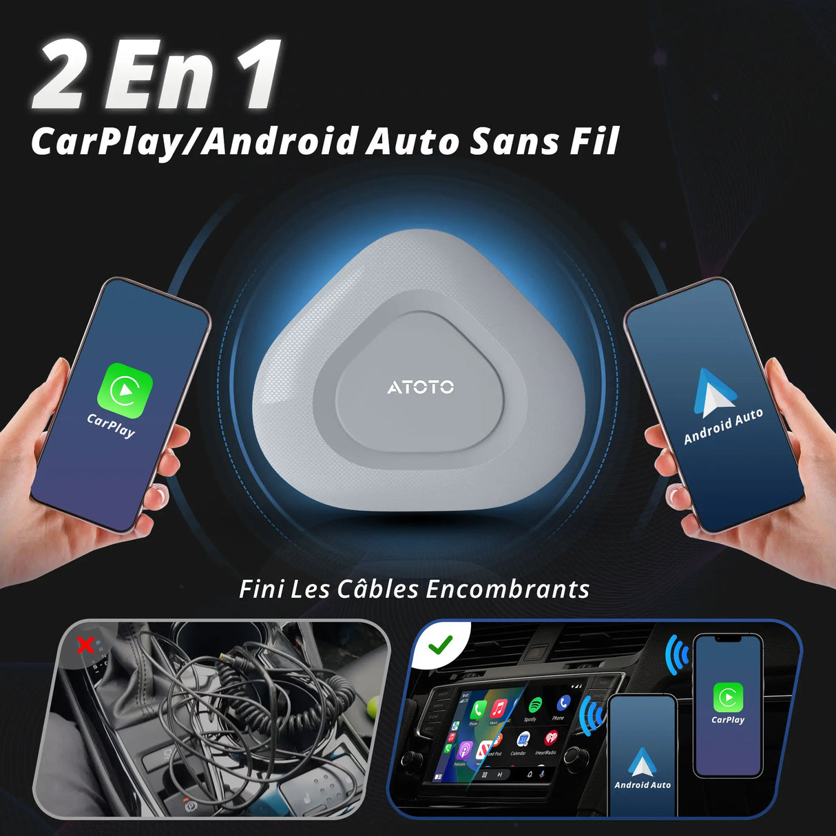 ATOTO AD3APL Adaptateur CarPlay & Android Auto Sans Fil 2-en-1 – Convertit CarPlay Filaire en Sans Fil, Plug & Play, Gris