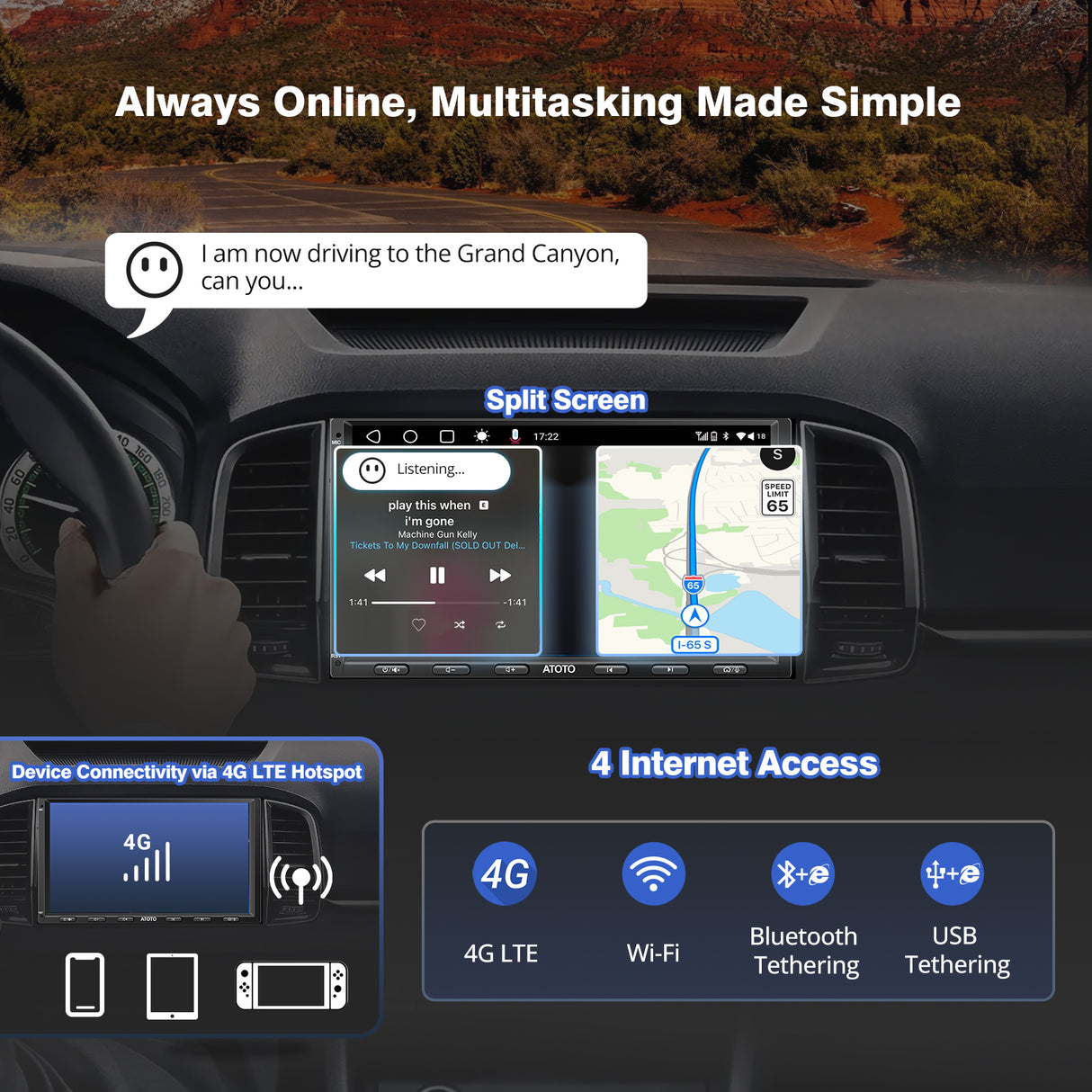 ATOTO S8G2A79UN 7" QLED Double Din Car Stereo with Wireless CarPlay & Android Auto, AI Voice Assistant, GPS Tracking, Built-in 4G LTE, LRV, 6G+128G, 4×49W Amplifier, Dual Bluetooth