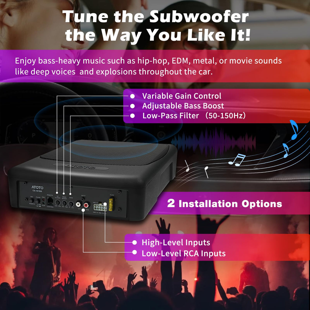 ATOTO 10 inch Under Seat Powered Car Subwoofer with Built-in Amp, Ultra Slim Active Amplified Subwoofer with Variable Bass Boost, 400W Max Power, Remote Sub Control