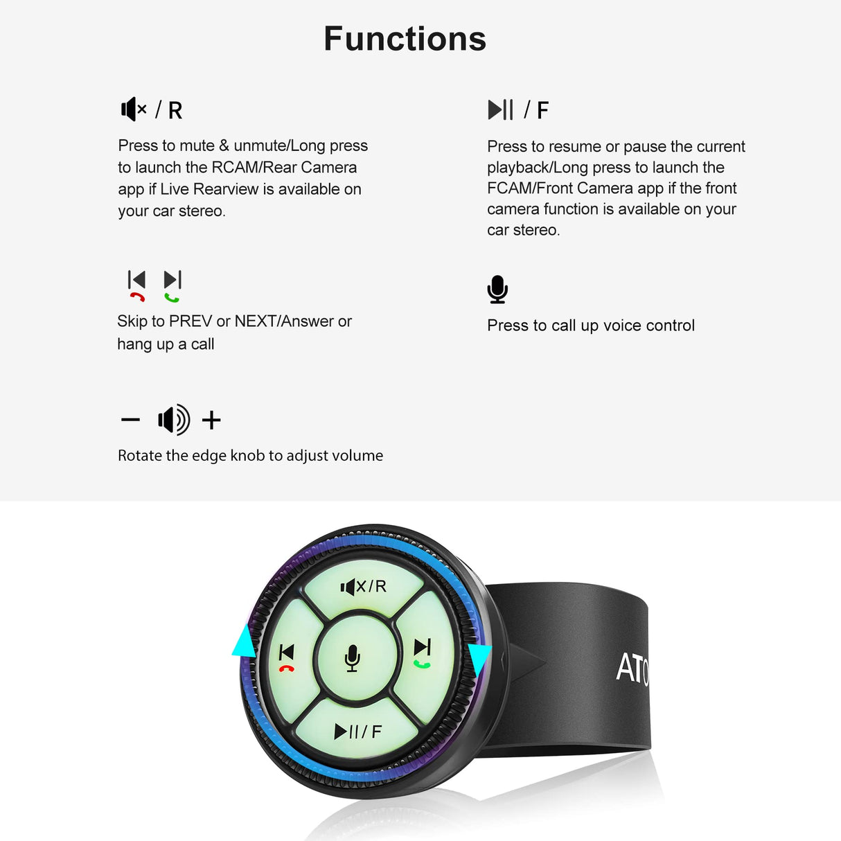 ATOTO AC-44F5 Wireless Remote Control with Luminous Buttons, Watchband Style for Steering Wheel, Compatible with ATOTO F7, S8 & X10 Series