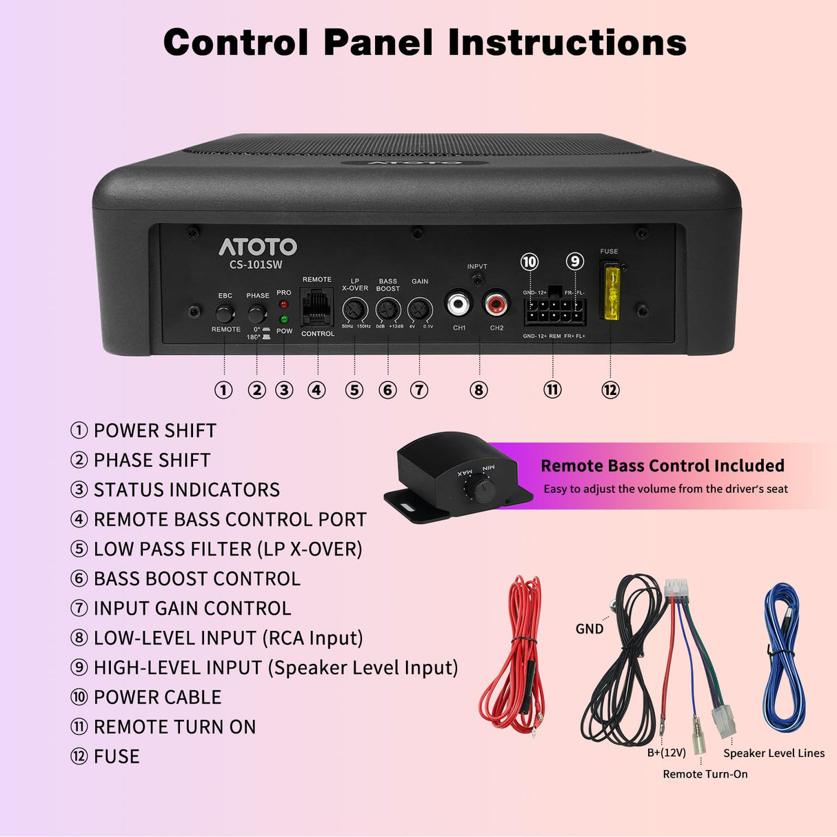ATOTO 10 inch Under Seat Powered Car Subwoofer with Built-in Amp, Ultra Slim Active Amplified Subwoofer with Variable Bass Boost, 400W Max Power, Remote Sub Control