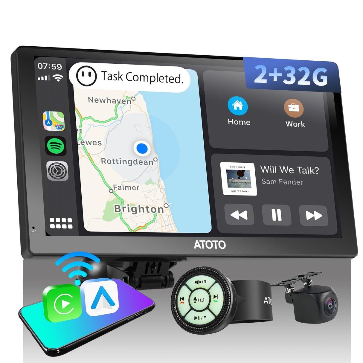 2+32G Android Portable CarPlay Car Stereo, Wireless Car Play Android Auto Screen for Car with GPS Navigation WiFi, Dual Bluetooth, USB Tethering, SWC, Rear View Camera, P907SD-S2