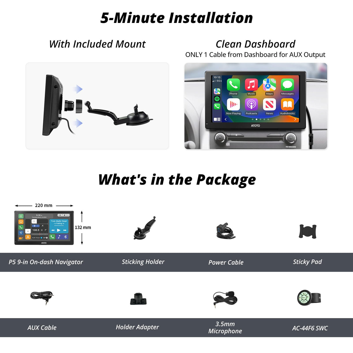 ATOTO P5 Tragbares Autoradio, 9-Zoll QLED blendfreies Touchscreen, Wireless CarPlay & Kabelloses Android Auto, Bluetooth, Automatische Dimmfunktion, MirrorLink, AUX/FM-Ausgang, P509SD-S01