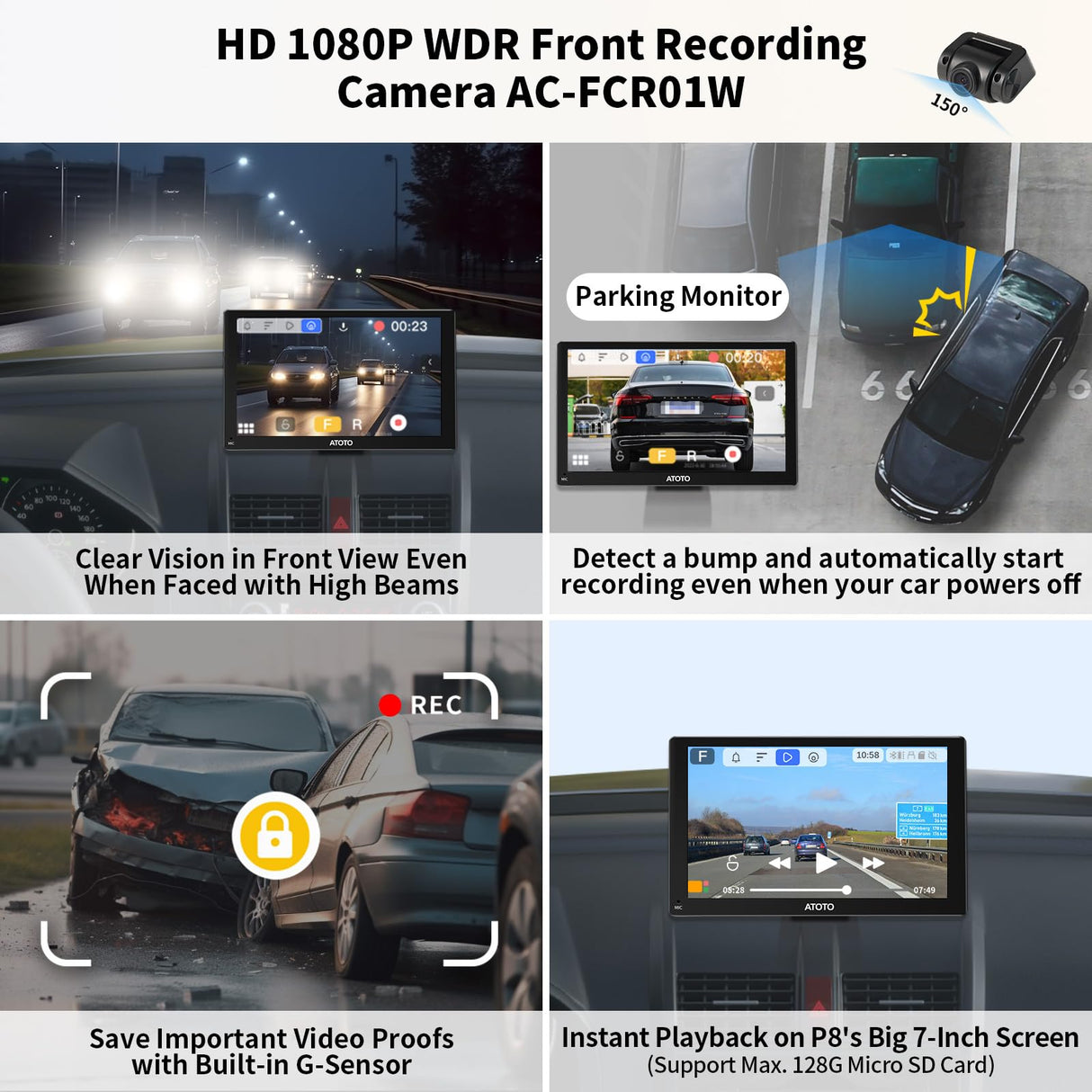 ATOTO P8 7" Portable Car Stereo, 1080P Dash Cam, Glare-Suppressing QLED Touchscreen, Wireless CarPlay and Android Auto, GPS Navigation, WDR, Auto Dimmer, Voice Assistant