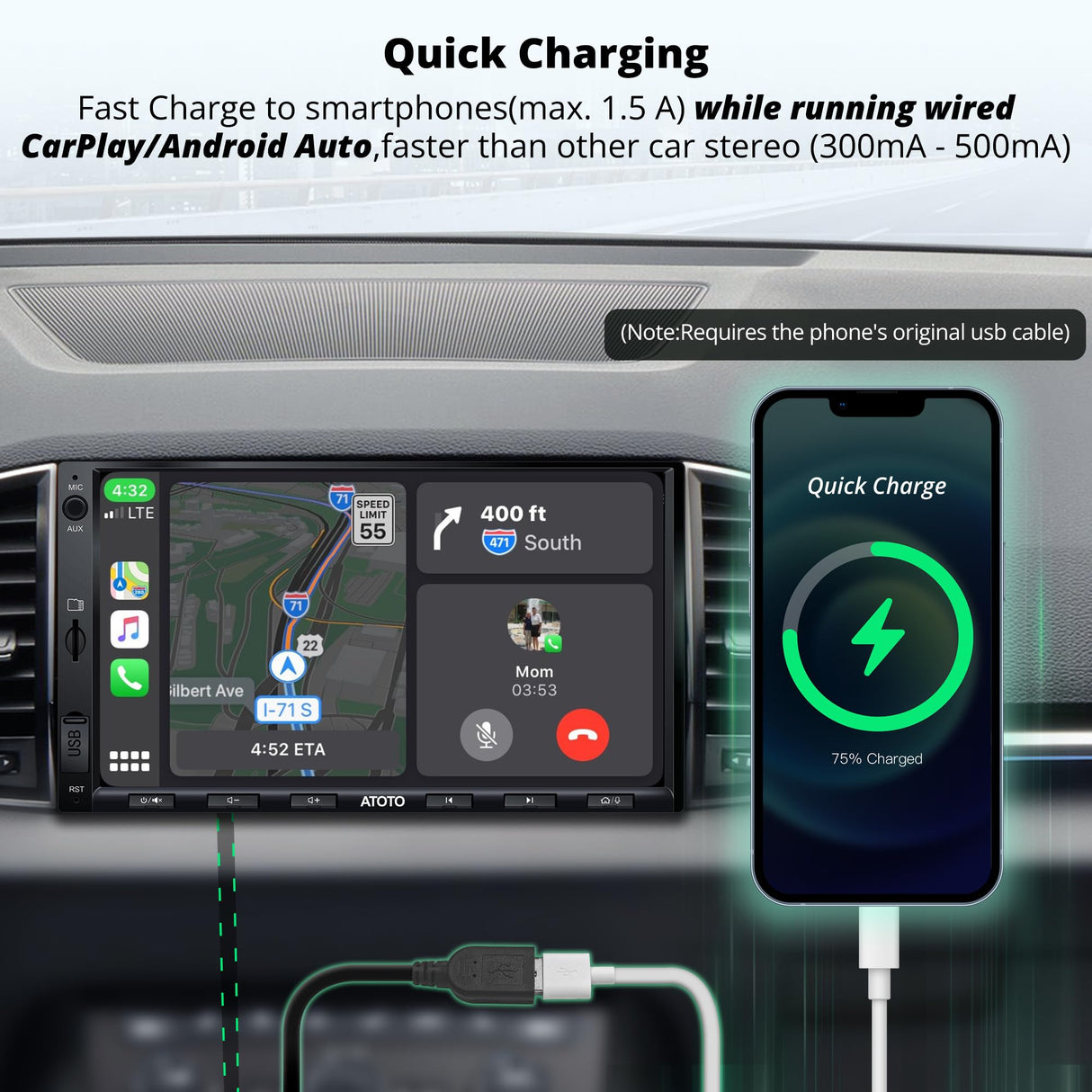 ATOTOEXCEL Autoradio 2 Din met DAB+ ontvangst, draadloze Carplay & Android auto, 7 inch QLED-scherm voor auto met Bluetooth, snel opladen, spiegellink, HD LRV, AM/FM/AUX