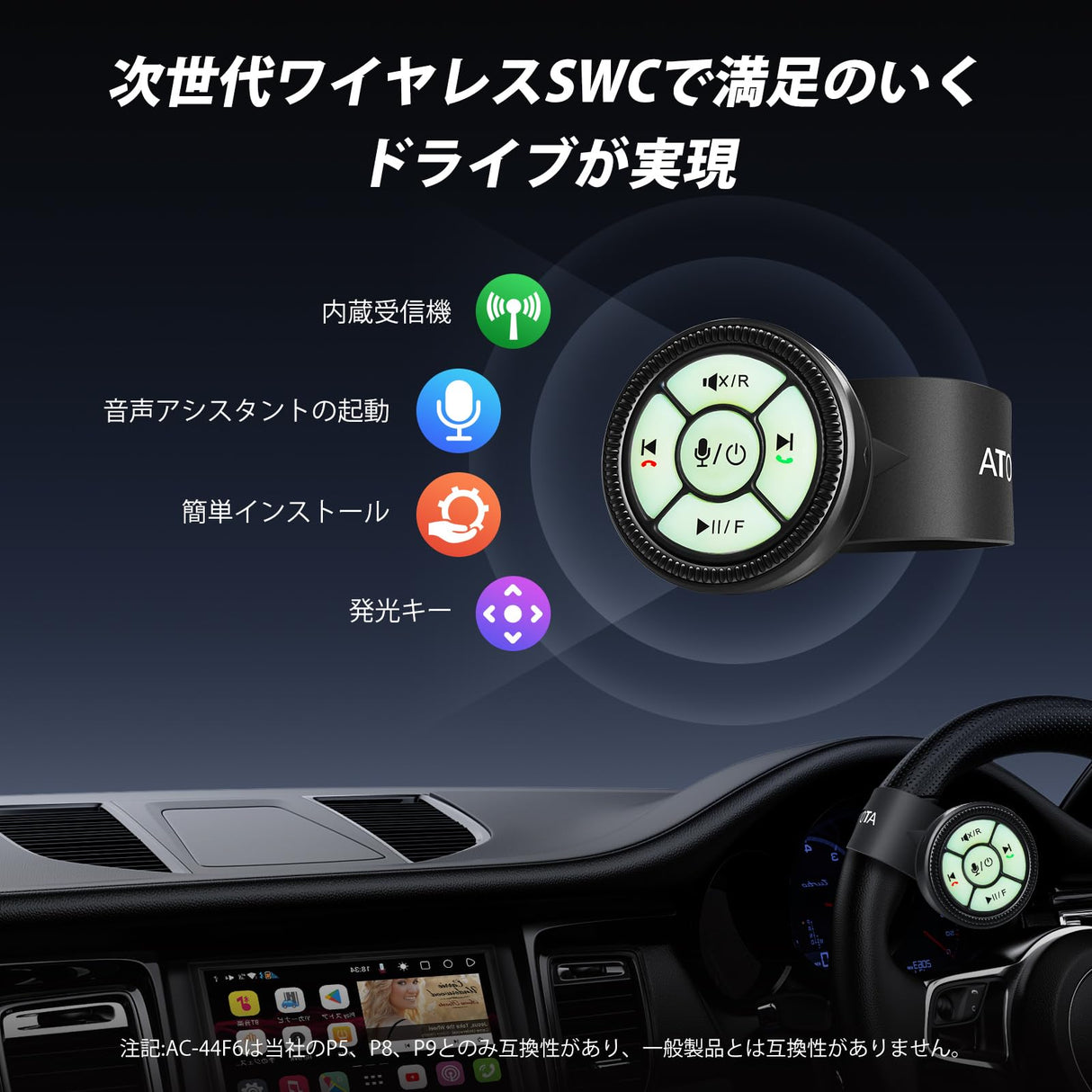 ATOTO AC-44F6 腕時計バンドスタイル無線リモコン、発光ボタン、キーボタン対応。ATOTO P5、P8、P9 ポータブルカーステレオ専用。A5/A6/F7/S8シリーズ非対応