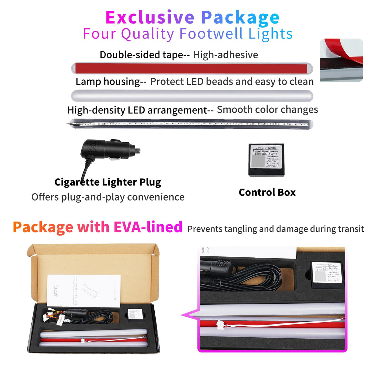 ATOTO CI-FLT01 Car LED Footwell Lights, 160 RGB LEDs, Interior Neon Lights, APP Wireless Control, DIY 21 Color Modes, 6 Music Modes, 16M+ Colors, Front and Rear Independent Adjustment