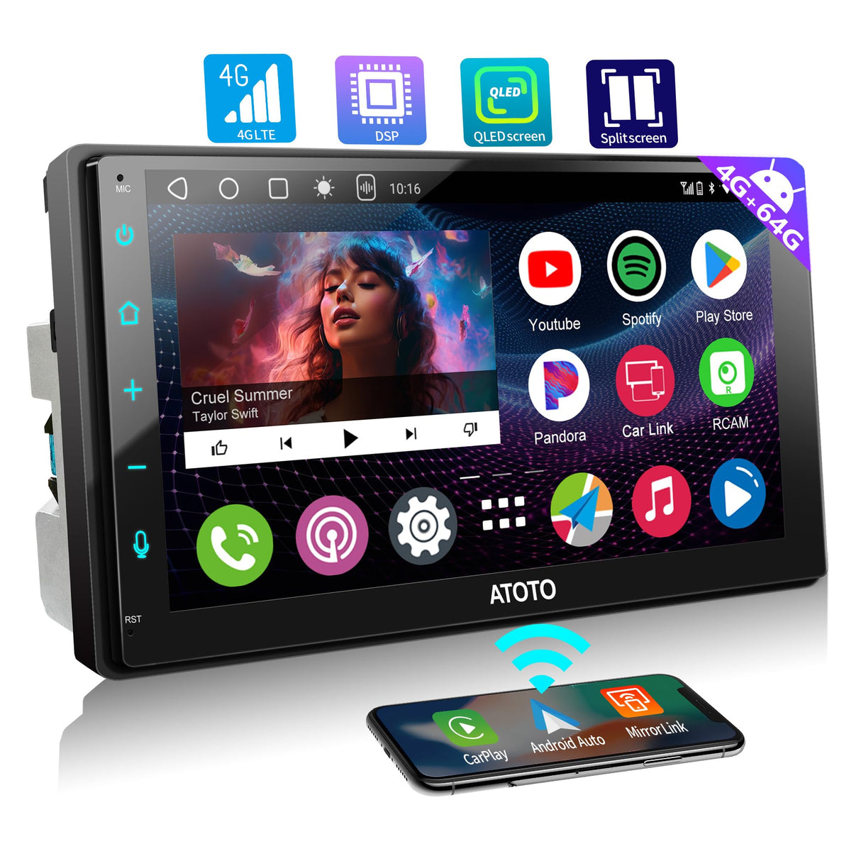 ATOTO A6G2B7PL 2-DIN-Android-Autoradio, 7-Zoll-QLED-Touchscreen, 4G LTE und WLAN, 8-Core-CPU, 4 GB + 64 GB, kabelloses CarPlay und Android Auto, DAB +/FM/RDS, DSP, Bluetooth