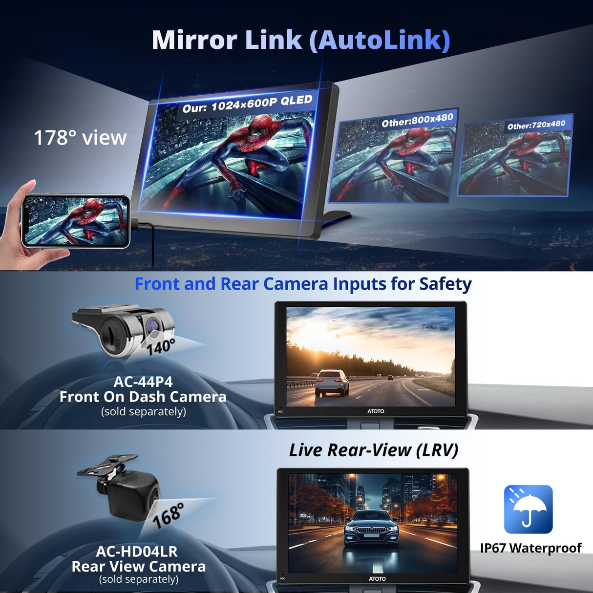 ATOTO P507SD 7" Portable CarPlay Screen, QLED HD Touchscreen Auto-Dimmer Glare-Suppress, Car Radio Bluetooth Navigator, MirrorLink, AUX/FM