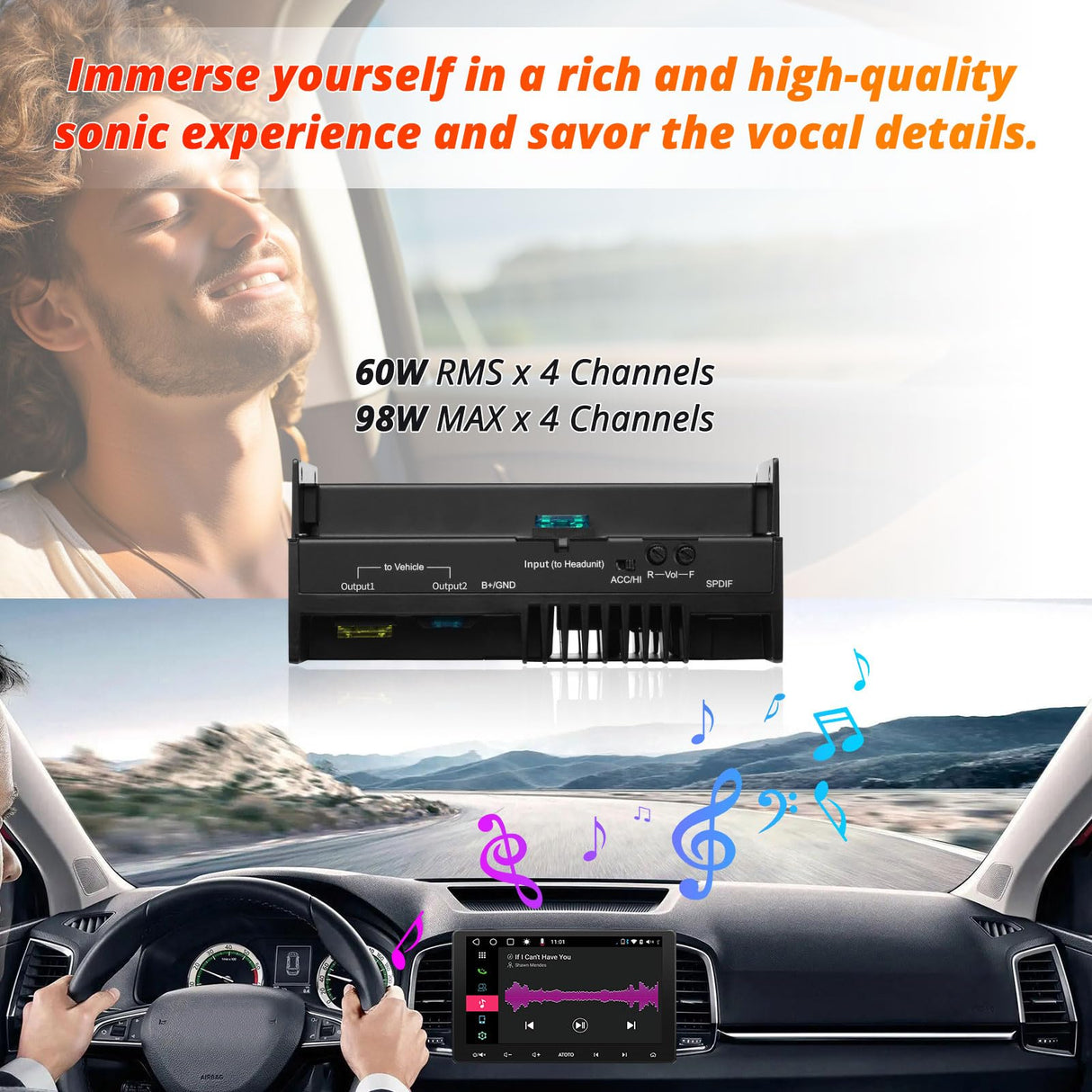 ATOTO CA-AEC02 - Amplificateur Voiture Puissant 4x98W (392W Max) - 4 Canaux Classe A/B - Haut-Parleurs 4 Ohms - Convertisseurs Ligne Intégrés - Son Hi-Fi Clair et Puissant