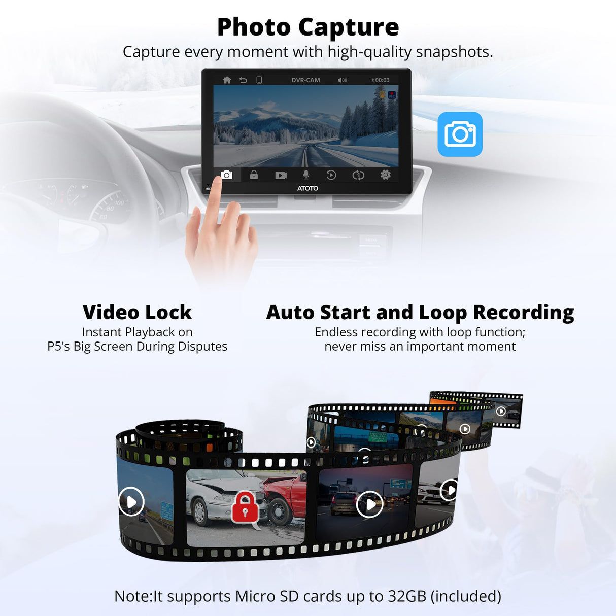 ATOTO AC-44P4 Dashcam Frontal HD 720P, Gran Angular 140°, Soporta hasta 128GB – Compatible solo con series ATOTO P5 seleccionadas