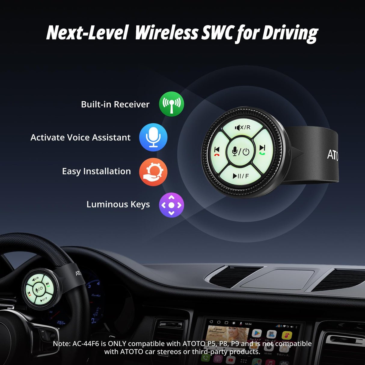 ATOTO AC-44F6 Control remoto inalámbrico estilo pulsera con botones luminosos y mapeo de teclas – Solo para autorradios portátiles ATOTO P5/P8/P9, no compatible con series ATOTO A6 PF/F7/S8