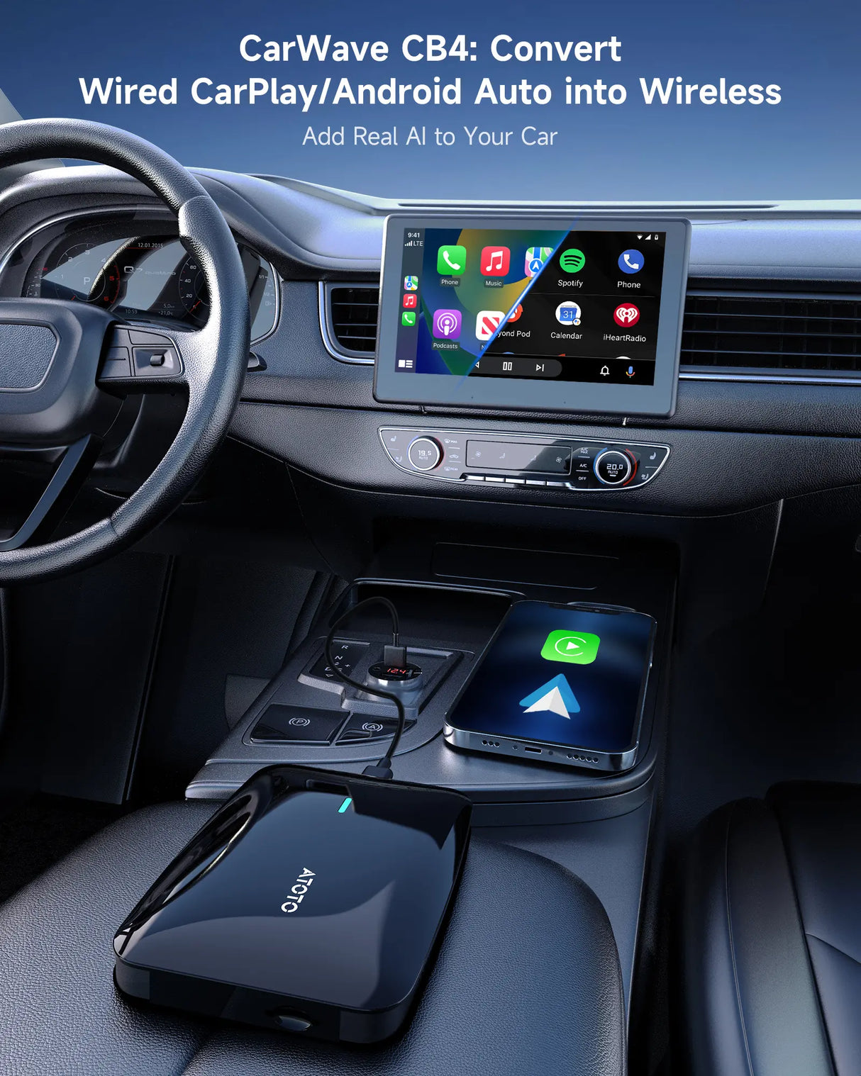 ATOTO CB4B-BK-S01 Adaptador CarPlay Inalámbrico, Caja CarPlay con Streaming de Video para iPhone y Android Auto, IA ChatGPT y Escáner OBD2, YouTube, Netflix, WiFi Dual, Actualizaciones OTA, Negro