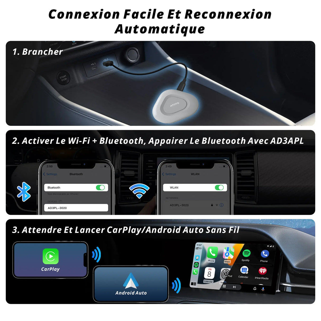 ATOTO AD3APL Adaptateur CarPlay & Android Auto Sans Fil 2-en-1 – Convertit CarPlay Filaire en Sans Fil, Plug & Play, Gris