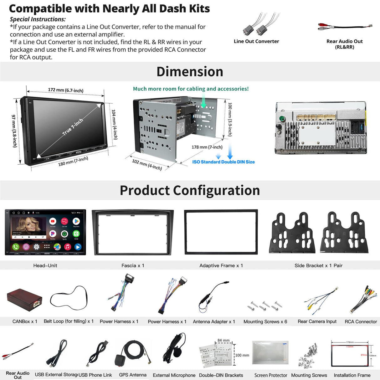 ATOTO A6OP07APF 7" Double Din Car Stereo, Wireless CarPlay & Android Auto, Dual Bluetooth, WiFi/BT/USB Tethering, HD LRV, 2G+32G, Compatible with Vauxhall Astra/Vivaro/Zafira