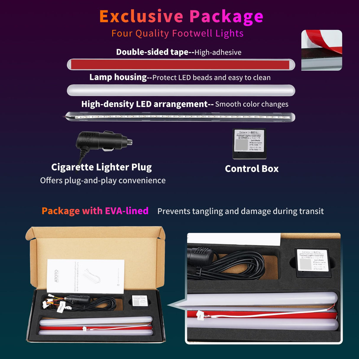 ATOTO CI-FLT01 Luci Interne Auto 160 LED RGB, Controllo da App e Modalità Musicale, Controllo Indipendente Zona Anteriore e Posteriore, 16M Colori Regolabili