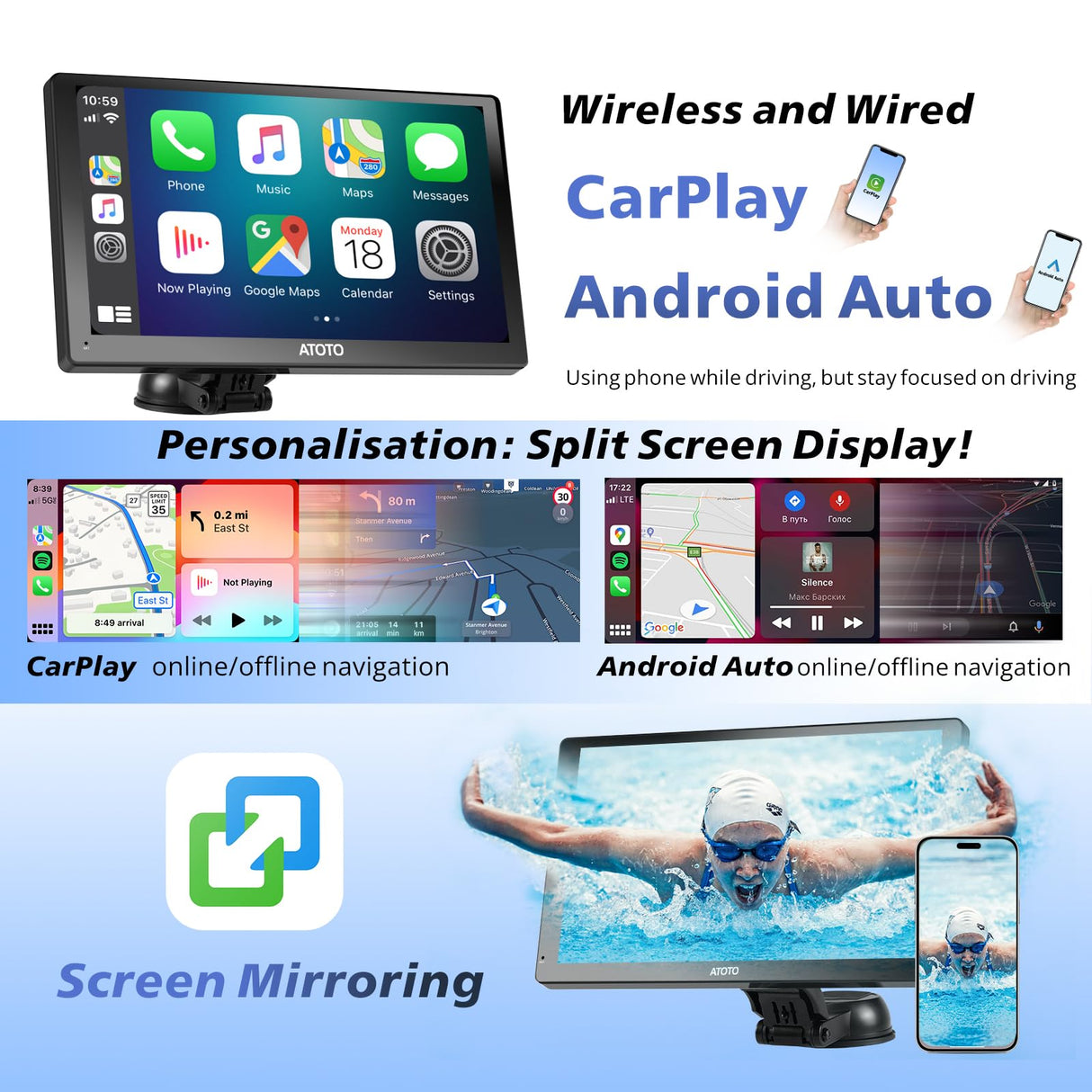 2+32G Android Portable CarPlay Car Stereo, Wireless Car Play Android Auto Screen for Car with GPS Navigation WiFi, Dual Bluetooth, USB Tethering, SWC, Rear View Camera, P907SD-S2