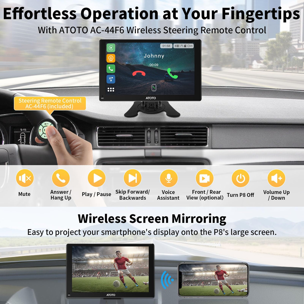 ATOTO P8 7" Portable Car Stereo, 1080P Dash Cam, Glare-Suppressing QLED Touchscreen, Wireless CarPlay and Android Auto, GPS Navigation, WDR, Auto Dimmer, Voice Assistant