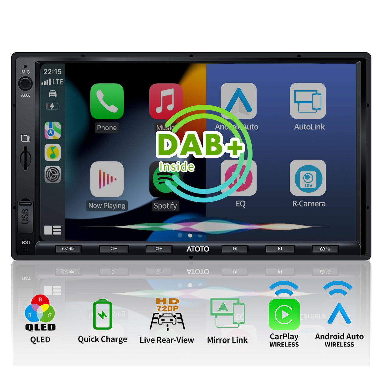 ATOTOEXCEL Radio Coche 2 DIN, 7 Pulgadas Dab+ Autoradio, CarPlay inalámbrico, Android Auto inalámbrico, Radio Bluetooth Coche con QLED Pantalla táctil, Carga Rápida, RDS/FM/Am, MirrorLink, F7G2A7-XED