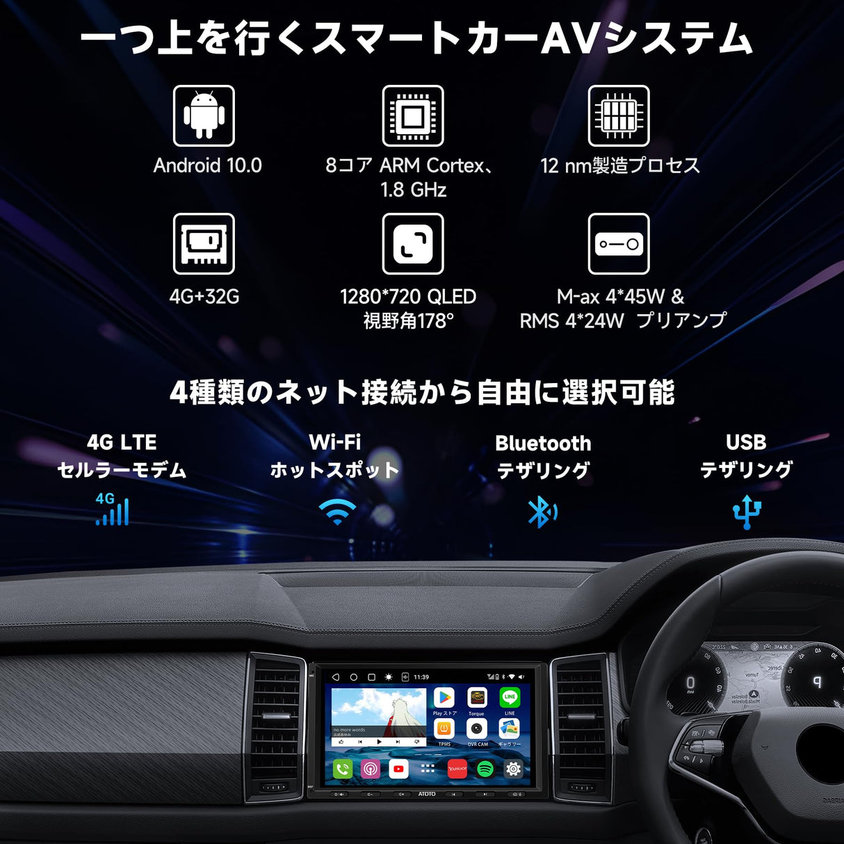ATOTO S8G2A74MS 7インチ 2DIN ディスプレイオーディオ - QLED、ワイヤレスCarPlay & Android Auto、4G LTE + 32G、WiFi/BT/USBテザリング、デュアルBluetooth、GPSトラッキング、SCVC対応