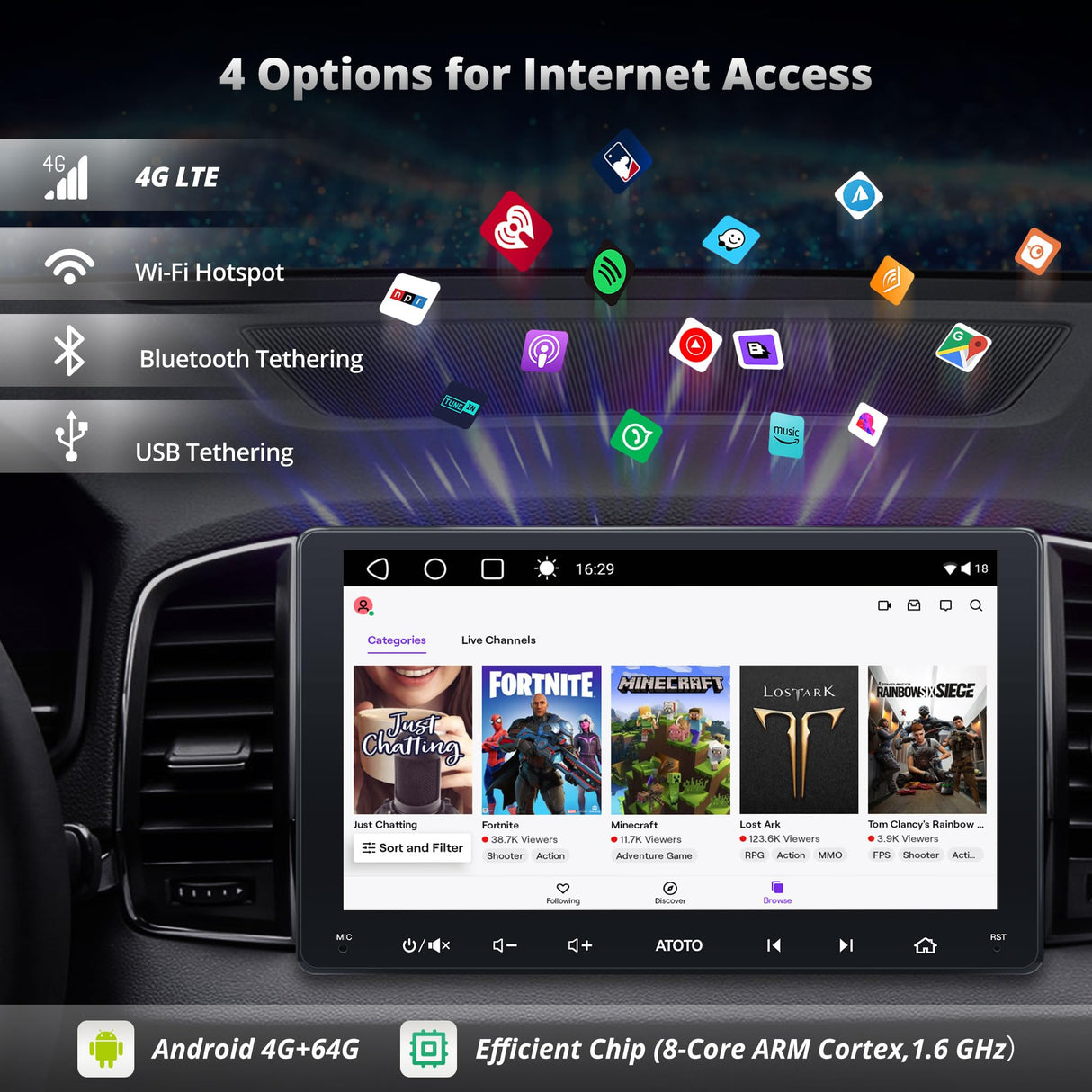 ATOTO A6G209PL Autoradio 2 DIN 9" Android, 8 Core, 4G+64G, QLED HD, CarPlay/Android Auto Wireless, Bluetooth, GPS, FM/RDS, MirrorLink, WiFi/BT/USB