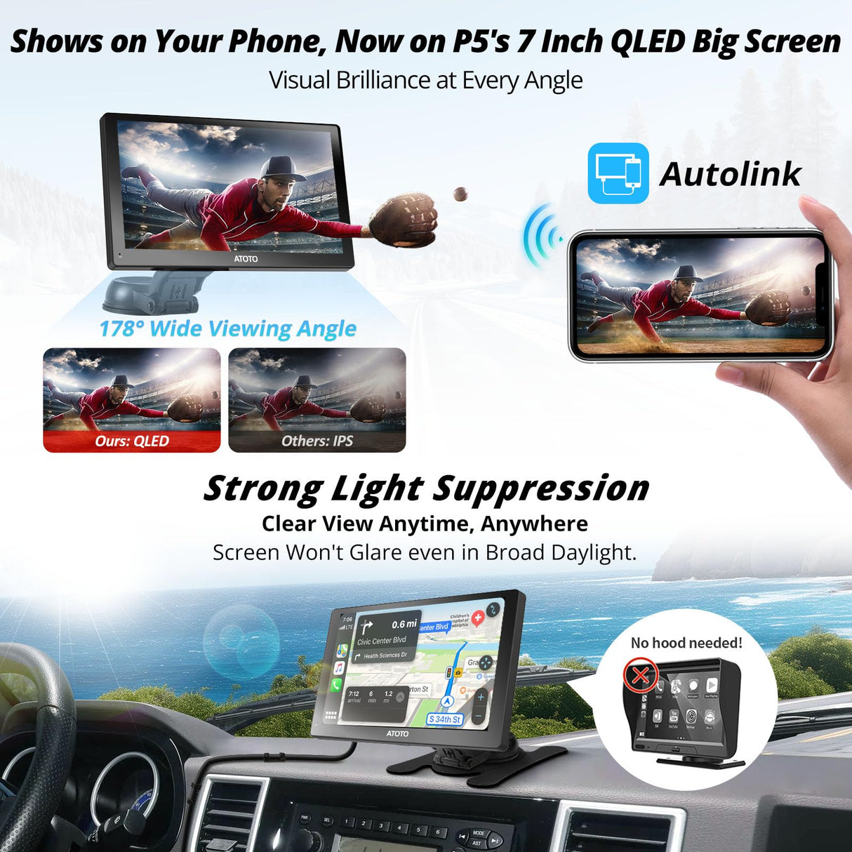 ATOTO P5 GPS para coche portátil 7" QLED con cámaras frontal DVR y trasera 1080P, CarPlay y Android Auto inalámbrico, atenuador automático, Bluetooth, salida AUX/FM