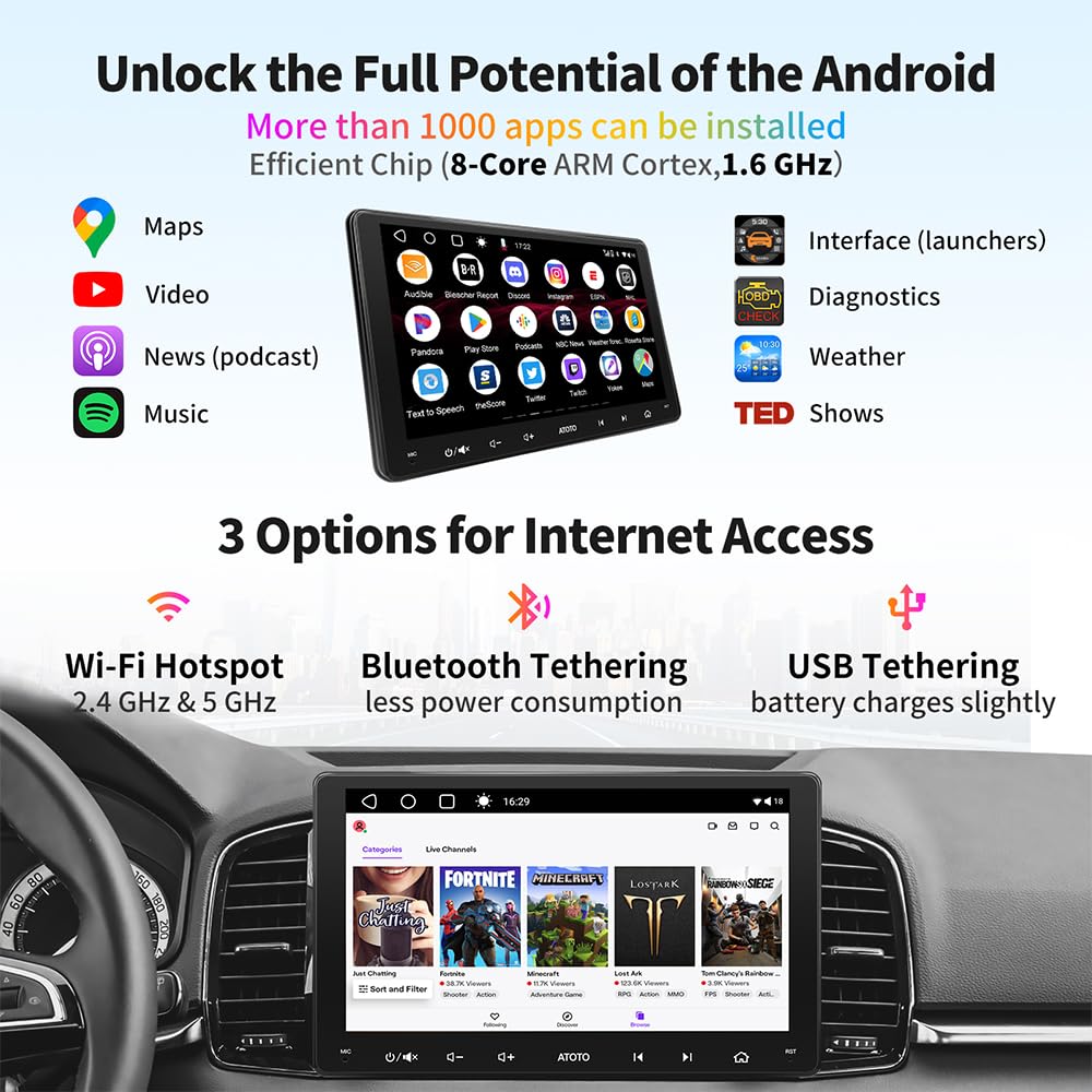 ATOTO A6G209PF Autoradio 2 DIN 9 Pollici, Android, Display IPS, 2G+32G, Doppio Bluetooth, CarPlay e Android Auto senza fili, Tethering Internet WiFi/BT/USB, HD LRV