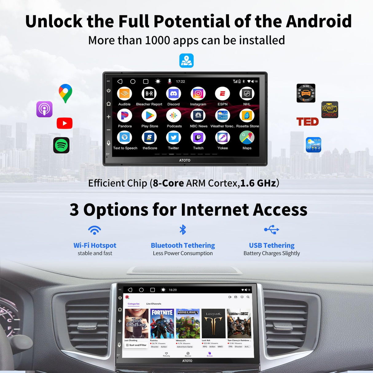 ATOTO A6G2B7PF 7" Double Din Head Unit with Android OS, Wireless CarPlay & Android Auto, QLED Touchscreen, In-Dash GPS Navigation, Dual Bluetooth, MirrorLink, WiFi/BT/USB Tethering, HD LRV, 2+32G