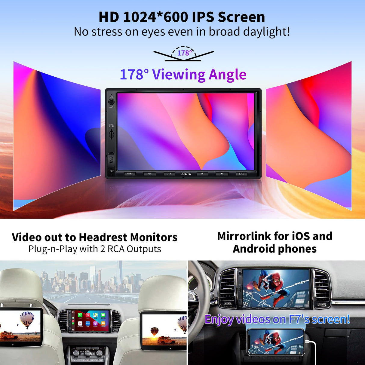 ATOTO F7G2A7WE Radio 2 DIN 7" para coche, CarPlay inalámbrico, Android Auto inalámbrico, Bluetooth, Enlace espejo, Vista trasera en vivo HD, Carga rápida, FM/AM, GPS navegación