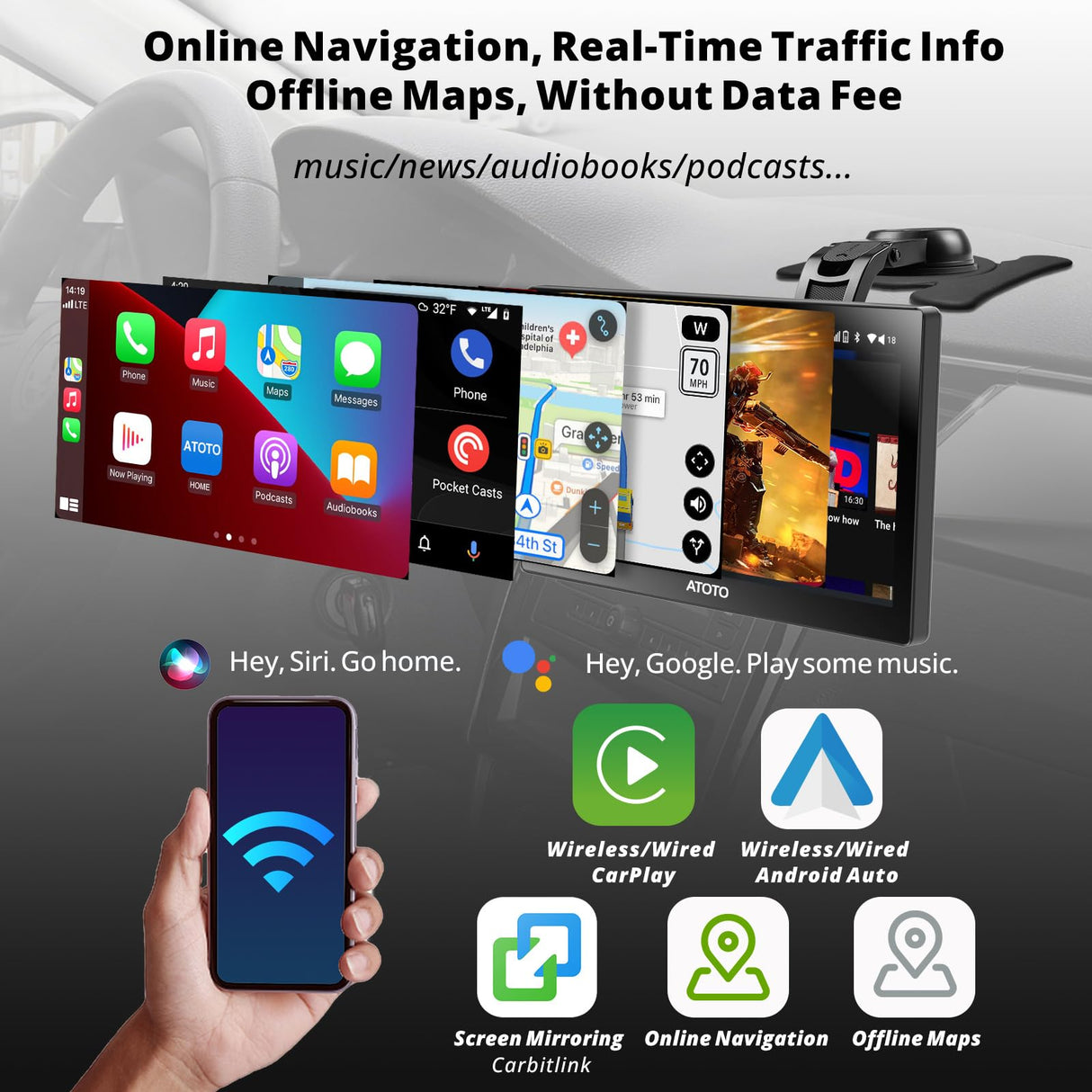 ATOTO 9 Pouces GPS pour voiture avec Caméra de Recul 1080P et Télécommande, QLED Android Autoradio Portable, 4G+32G, CarPlay & Android Auto sans fil, 4G LTE, Double Bluetooth, Suivi GPS