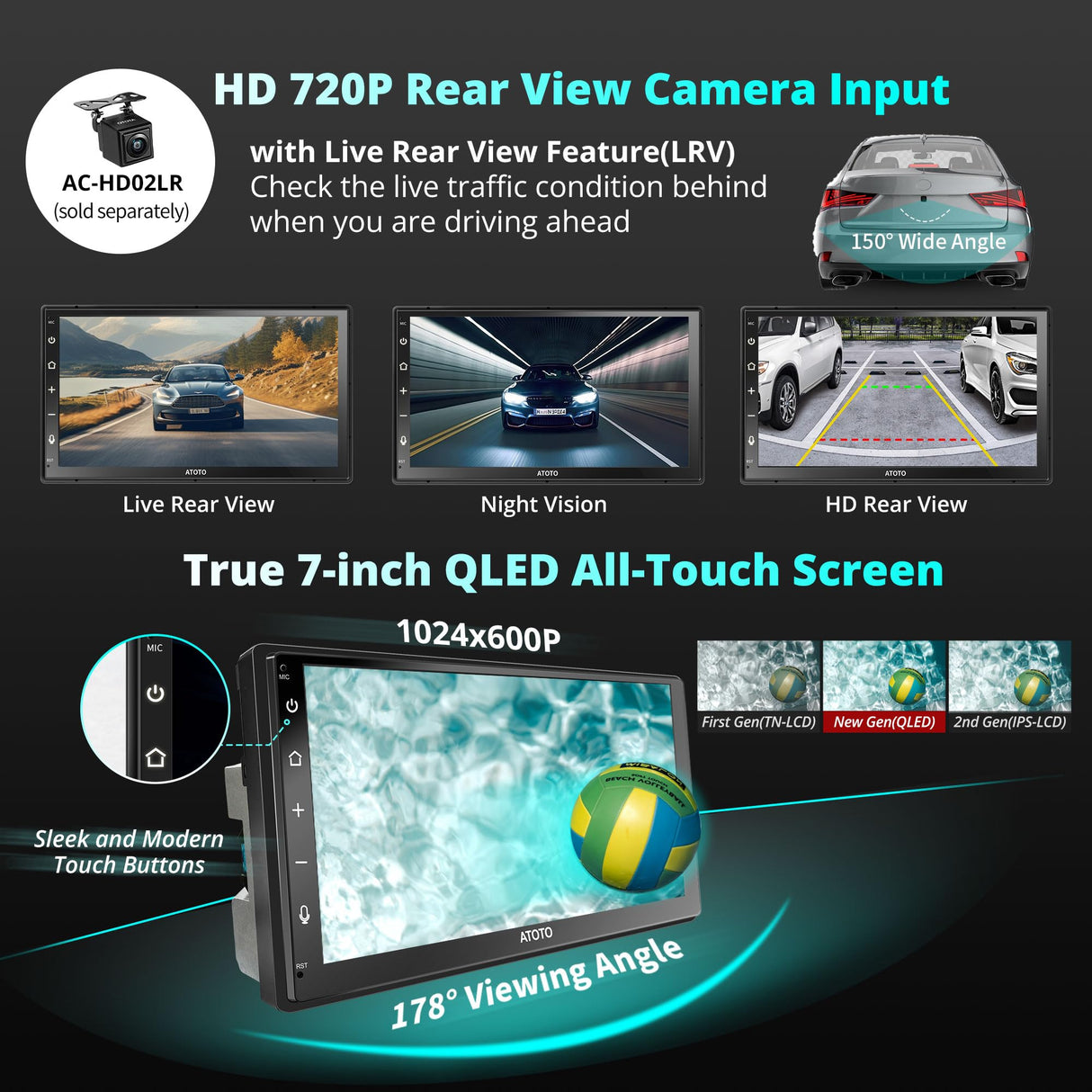 ATOTO A6G2B7PL 7" Double Din Car Stereo, QLED Display, 8-Core Android, 4G LTE WiFi, Wireless CarPlay & Android Auto, Dual Bluetooth, MirrorLink, DSP, HDMI Output, FM Radio, In-Dash Navigation, 4G+64G