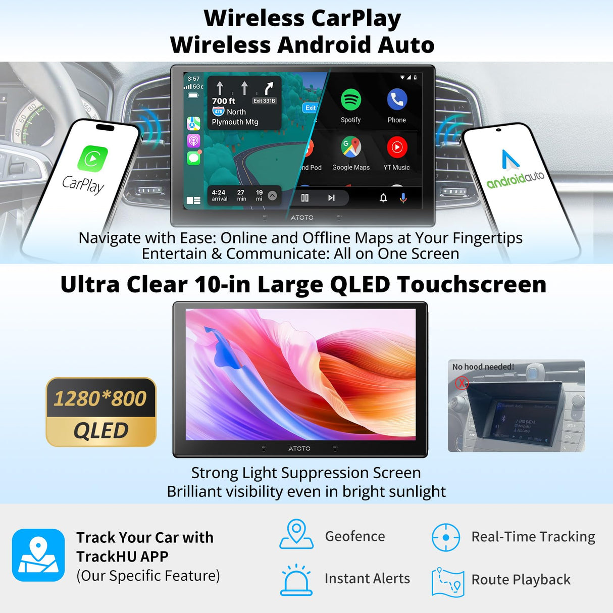 ATOTO X10G211E 10" Double Din Car Stereo, QLED Display, 8GB+128GB, Wireless CarPlay & Android Auto, 4G LTE, Dual Noise Cancellation Microphone, 2 Phone Connection, HDMI Input, GPS Tracker, AI Android System