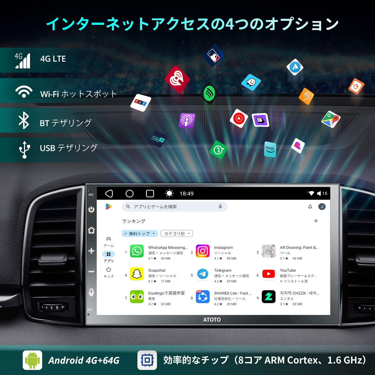 【RevcarX】ATOTO A6G2B7PL 2DINディスプレイオーディオ Androidナビ 8コア 4GB RAM+64GB ROM 7インチQLED ワイヤレスCarPlay/Android Auto対応 Wi-Fi/USB/BTテザリング Bluetooth デュアル GPSトラッキング HD LRV