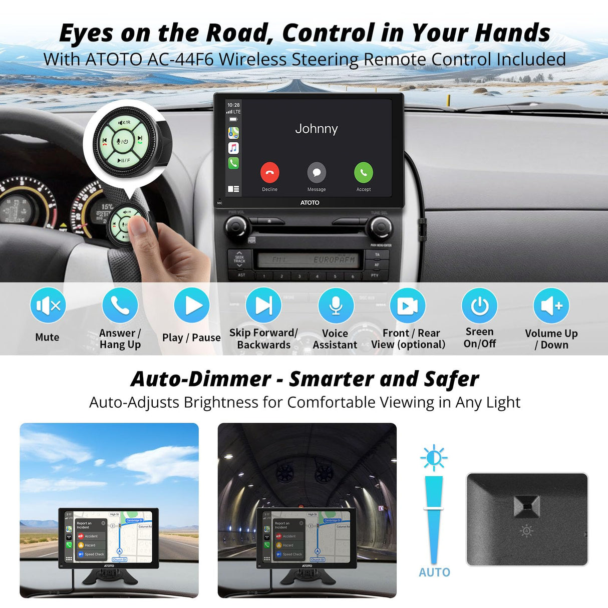 ATOTO P5 7" GPS Per Auto – Telecamera Retromarcia 1080P, DVR Frontale, CarPlay Senza Fili, Android Auto Senza Fili, Bluetooth, Uscita AUX/FM, Dimmer Automatico, Autoradio Portatile