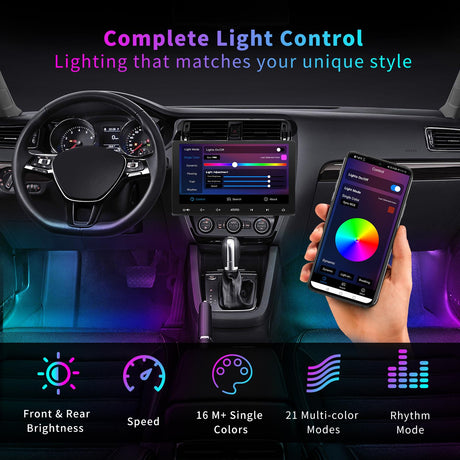 ATOTO CI-FLT01 Car LED Footwell Lights, 160 RGB LEDs, Interior Neon Lights, APP Wireless Control, DIY 21 Color Modes, 6 Music Modes, 16M+ Colors, Front and Rear Independent Adjustment