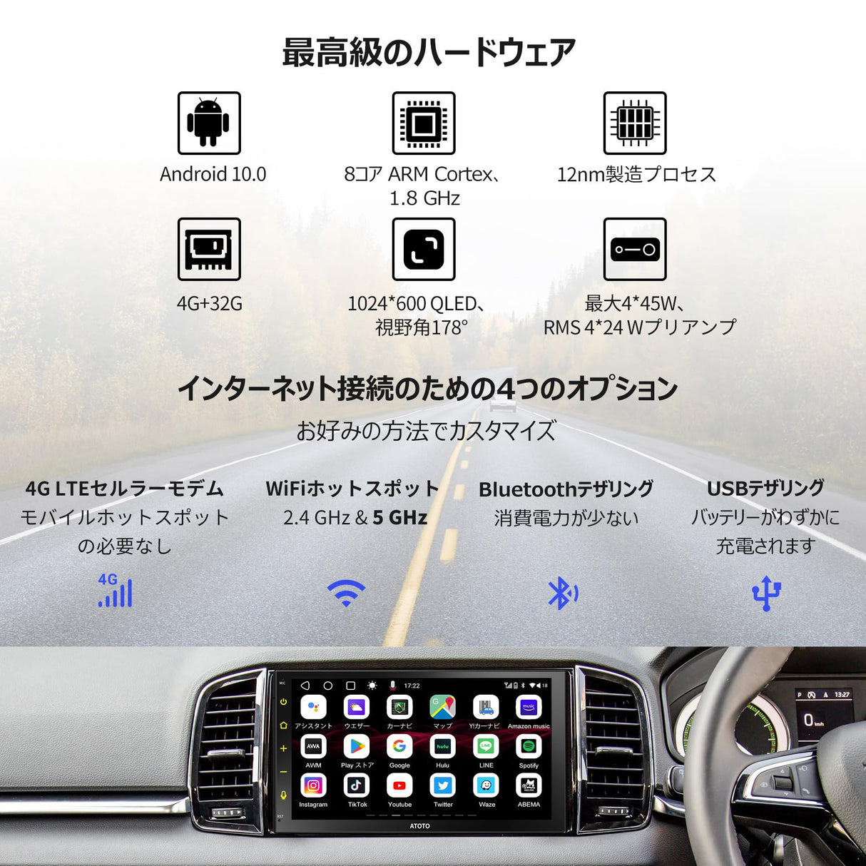 ATOTO S8G2B74MS 7インチ 2DIN ディスプレイオーディオ、QLED スクリーン、ワイヤレス Android Auto & CarPlay、GPSナビ、4G+32G、4G LTE対応、WiFi/BT/USB接続、デュアルBluetooth、LRV、SCVC搭載