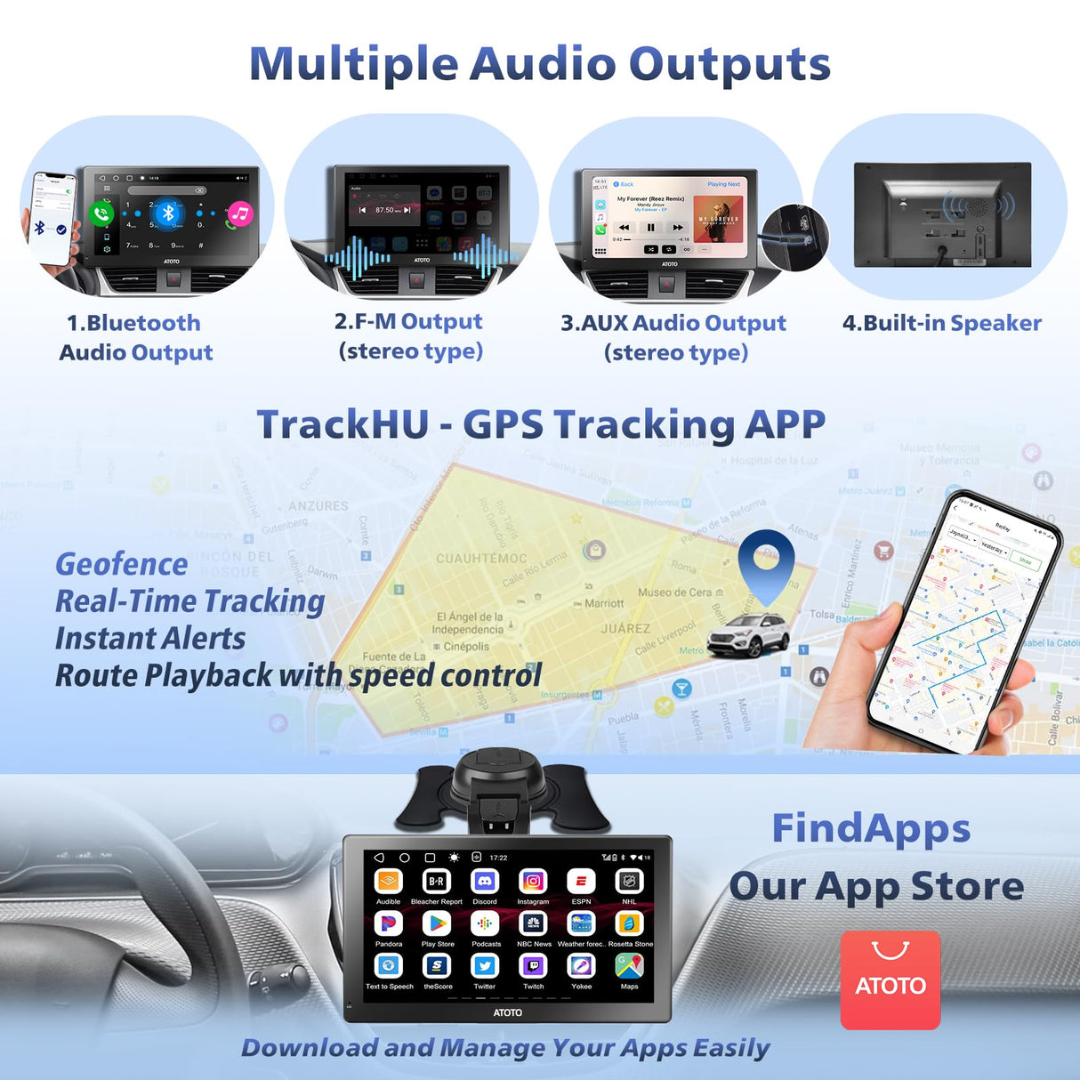 2+32G Android Portable CarPlay Car Stereo, Wireless Car Play Android Auto Screen for Car with GPS Navigation WiFi, Dual Bluetooth, USB Tethering, SWC, Rear View Camera, P907SD-S2
