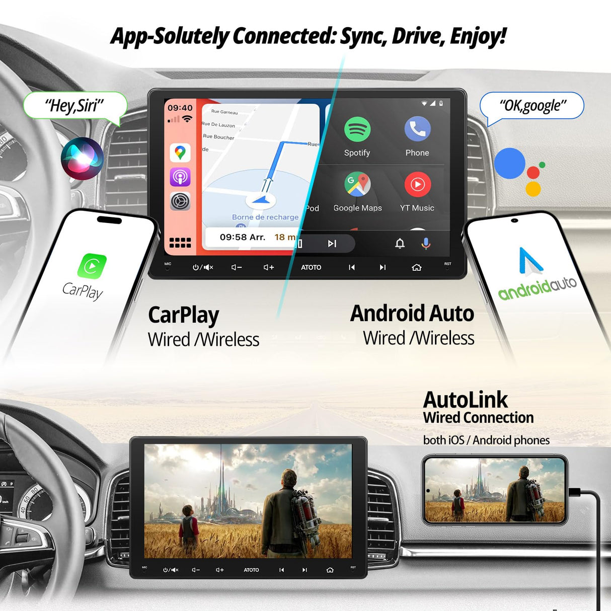 ATOTO F7G209WE 9" Double Din Car Stereo with Touchscreen, Wireless CarPlay & Android Auto, Bluetooth, FM/AM/RDS Radio, Phone Mirror Link, Voice Control, HD Rearview, GPS Navigation