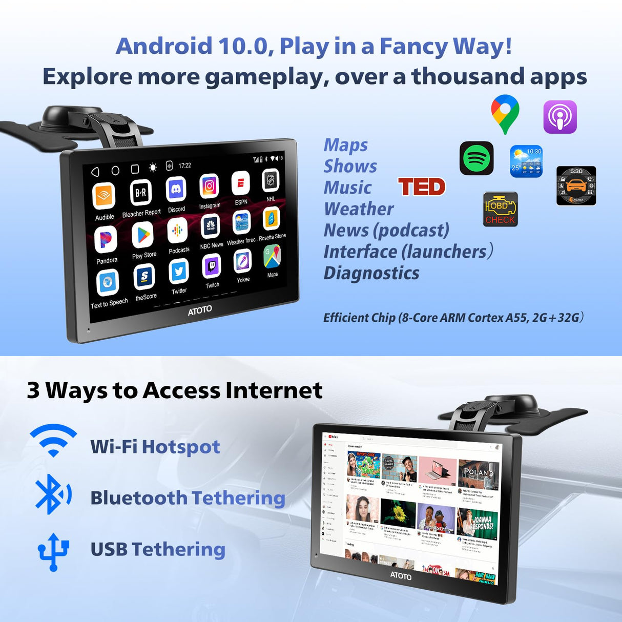 2+32G Android Portable CarPlay Car Stereo, Wireless Car Play Android Auto Screen for Car with GPS Navigation WiFi, Dual Bluetooth, USB Tethering, SWC, Rear View Camera, P907SD-S2