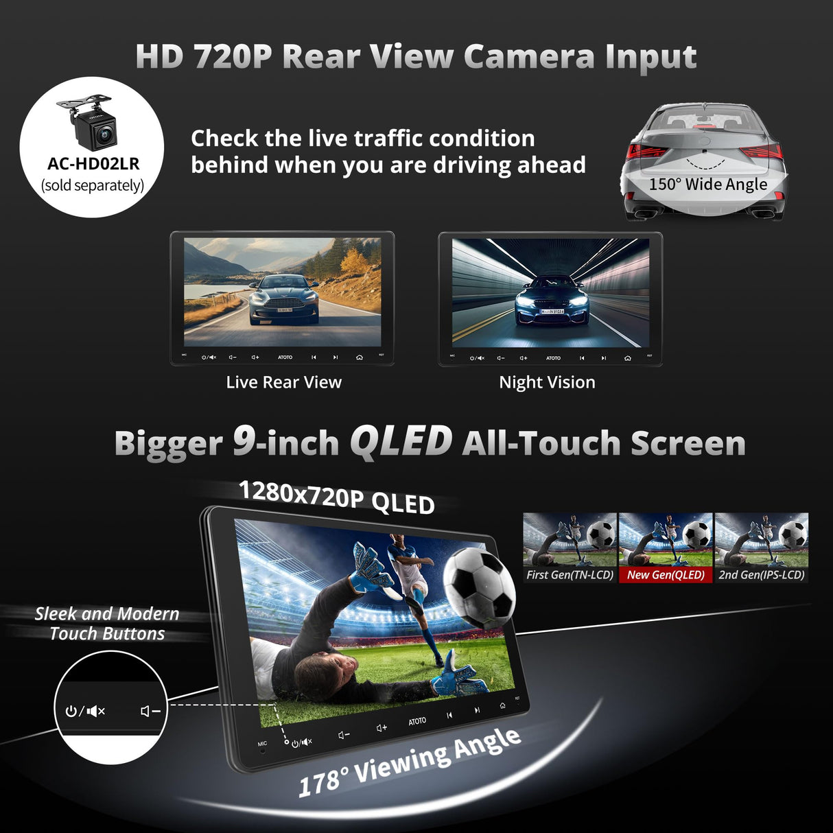 ATOTO A6G209PL Radio 2 DIN Android 9" QLED con Pantalla Táctil, 4G+64G, CarPlay y Android Auto Inalámbrico, 2 Bluetooth, 4G LTE, WiFi, MirrorLink