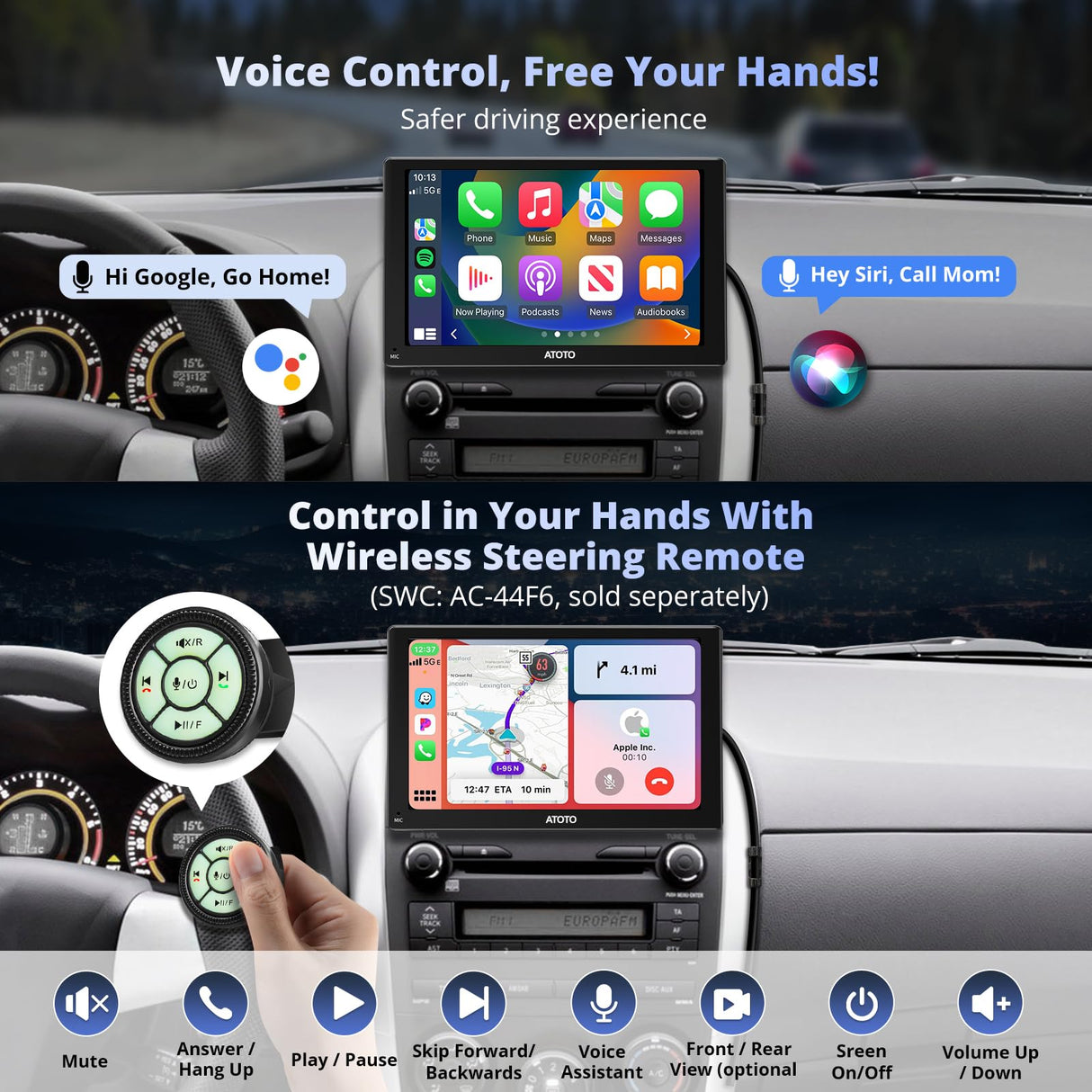 ATOTO P507SD 7" Portable CarPlay Screen, QLED HD Touchscreen Auto-Dimmer Glare-Suppress, Car Radio Bluetooth Navigator, MirrorLink, AUX/FM