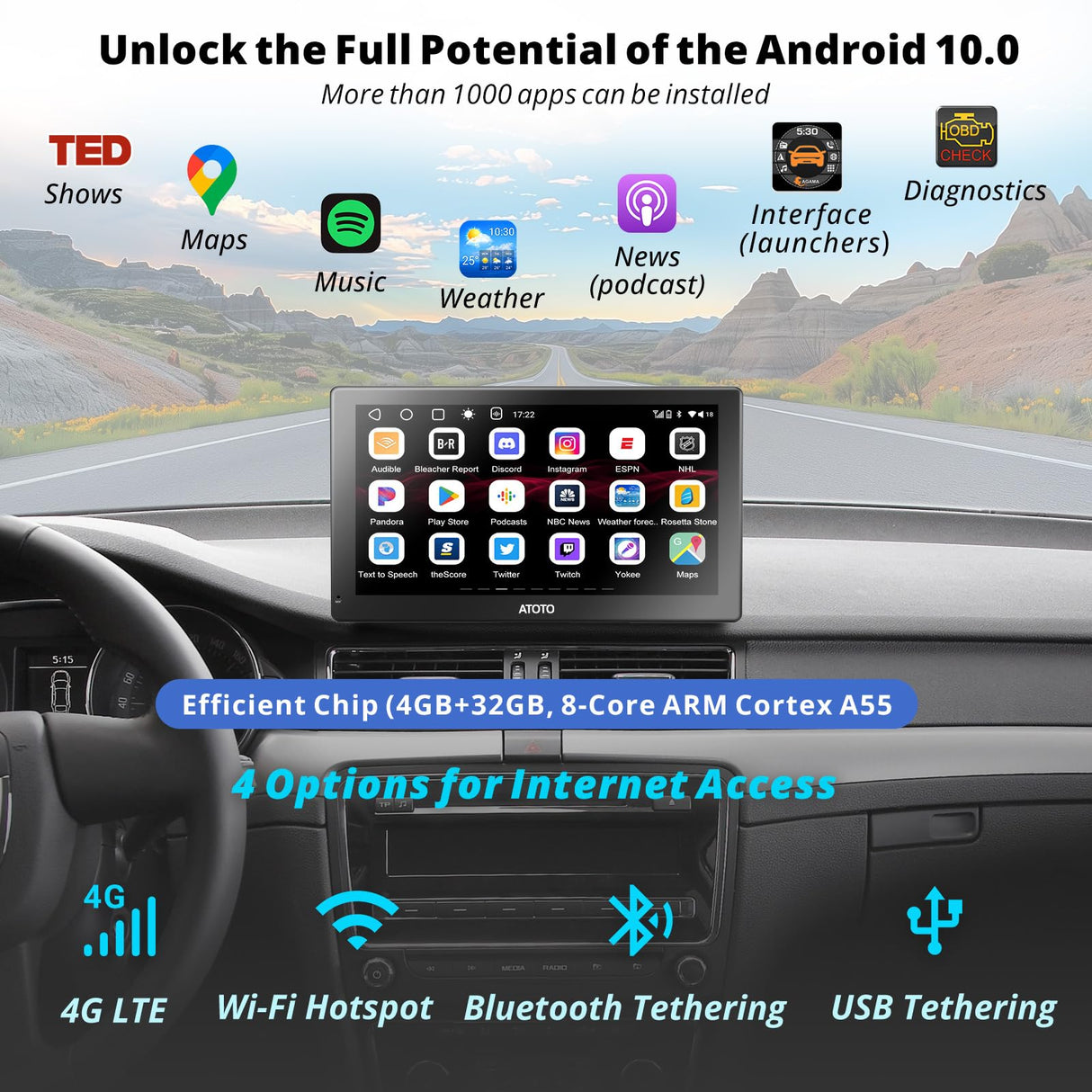 ATOTO P9 GPS para coche portátil 9", radio Android, cámara de respaldo 1080P, CarPlay y Android Auto inalámbrico, rastreo GPS, 4G LTE, 4G+32G, doble Bluetooth, entrada HDMI