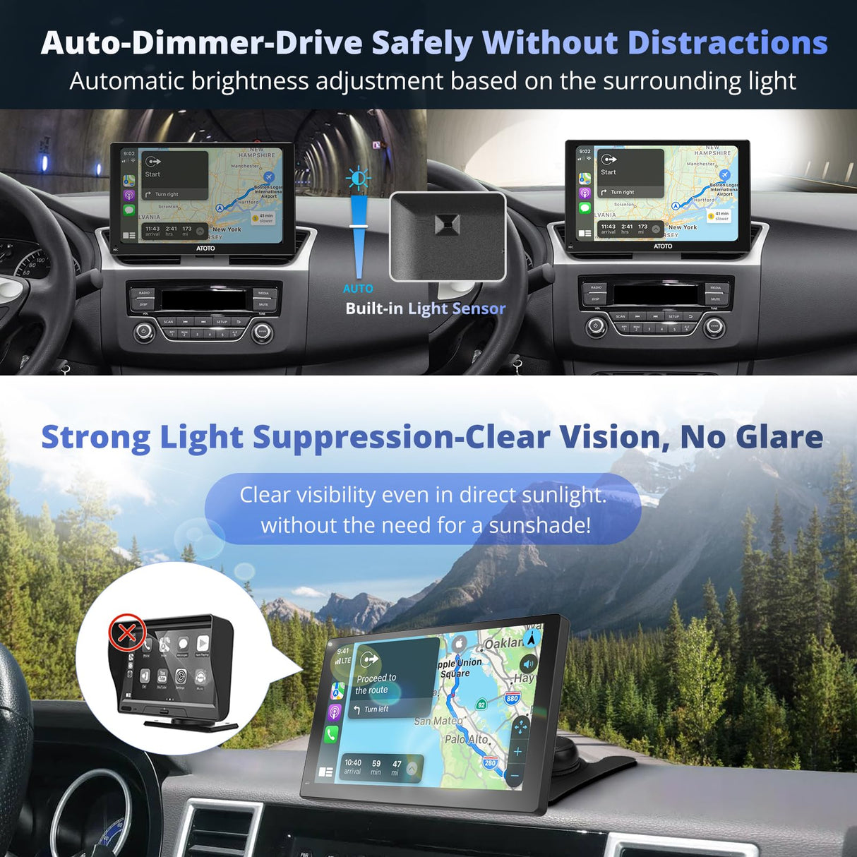 ATOTO P507SD 7" Portable CarPlay Screen, QLED HD Touchscreen Auto-Dimmer Glare-Suppress, Car Radio Bluetooth Navigator, MirrorLink, AUX/FM