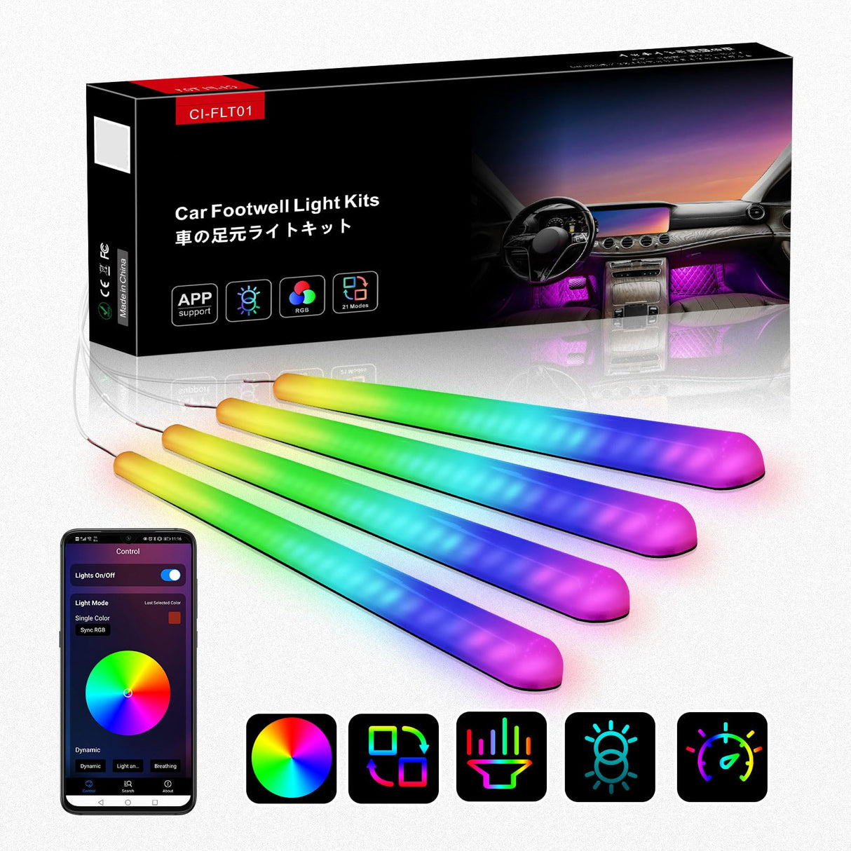 ATOTO CI-FLT01 Car LED Footwell Lights, 160 RGB LEDs, Interior Neon Lights, APP Wireless Control, DIY 21 Color Modes, 6 Music Modes, 16M+ Colors, Front and Rear Independent Adjustment