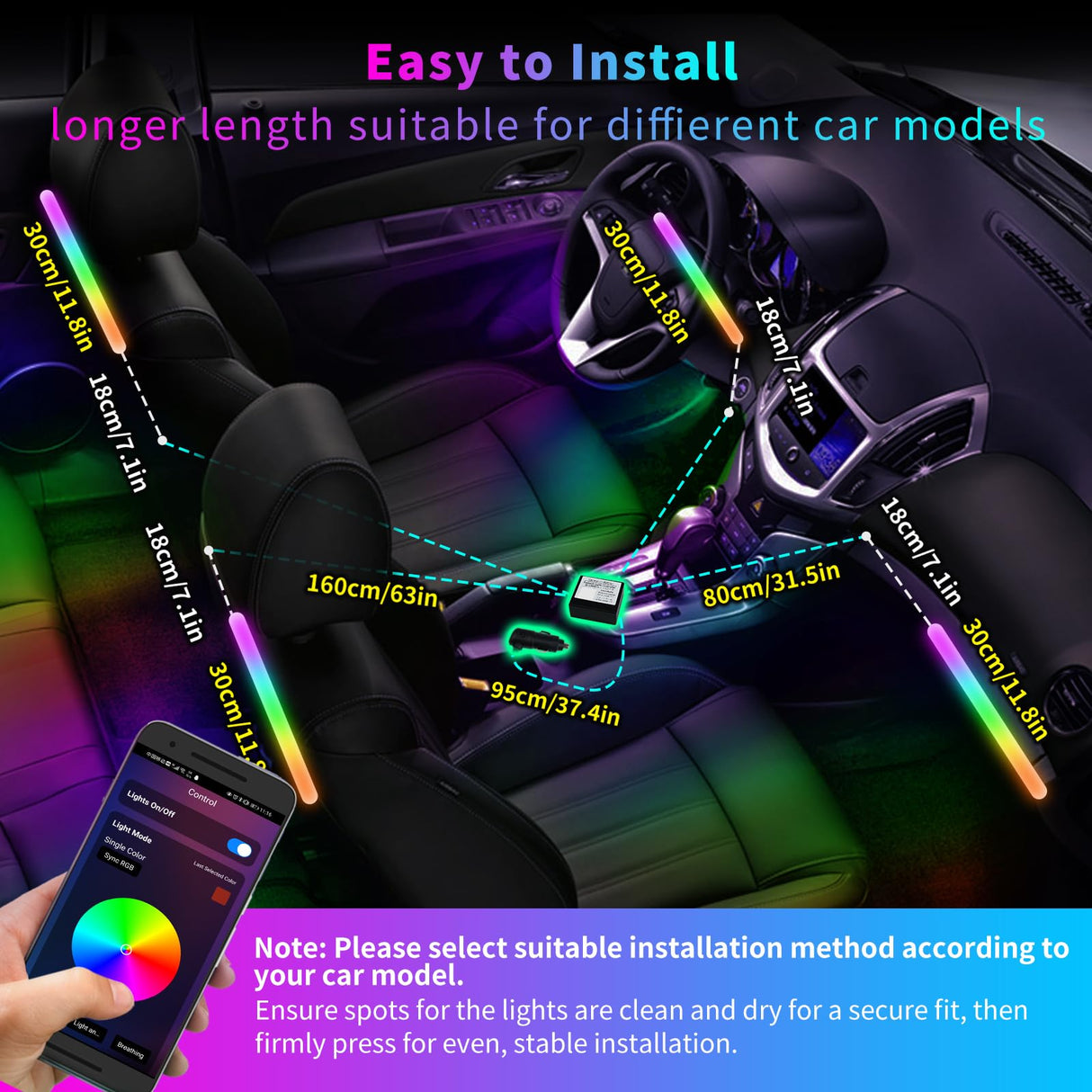 ATOTO CI-FLT01 Car LED Footwell Lights, 160 RGB LEDs, Interior Neon Lights, APP Wireless Control, DIY 21 Color Modes, 6 Music Modes, 16M+ Colors, Front and Rear Independent Adjustment