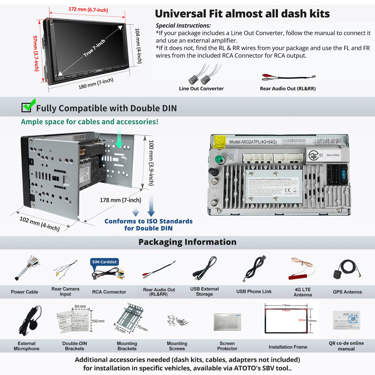 ATOTO A6G2A7PL 7" Double Din Car Stereo, Android, 4G+64G, Wireless/Wired CarPlay & Android Auto, 4G LTE Nano Card, Touchscreen, MirrorLink, Bluetooth, GPS Navigation, Audio Receiver (Upgraded)